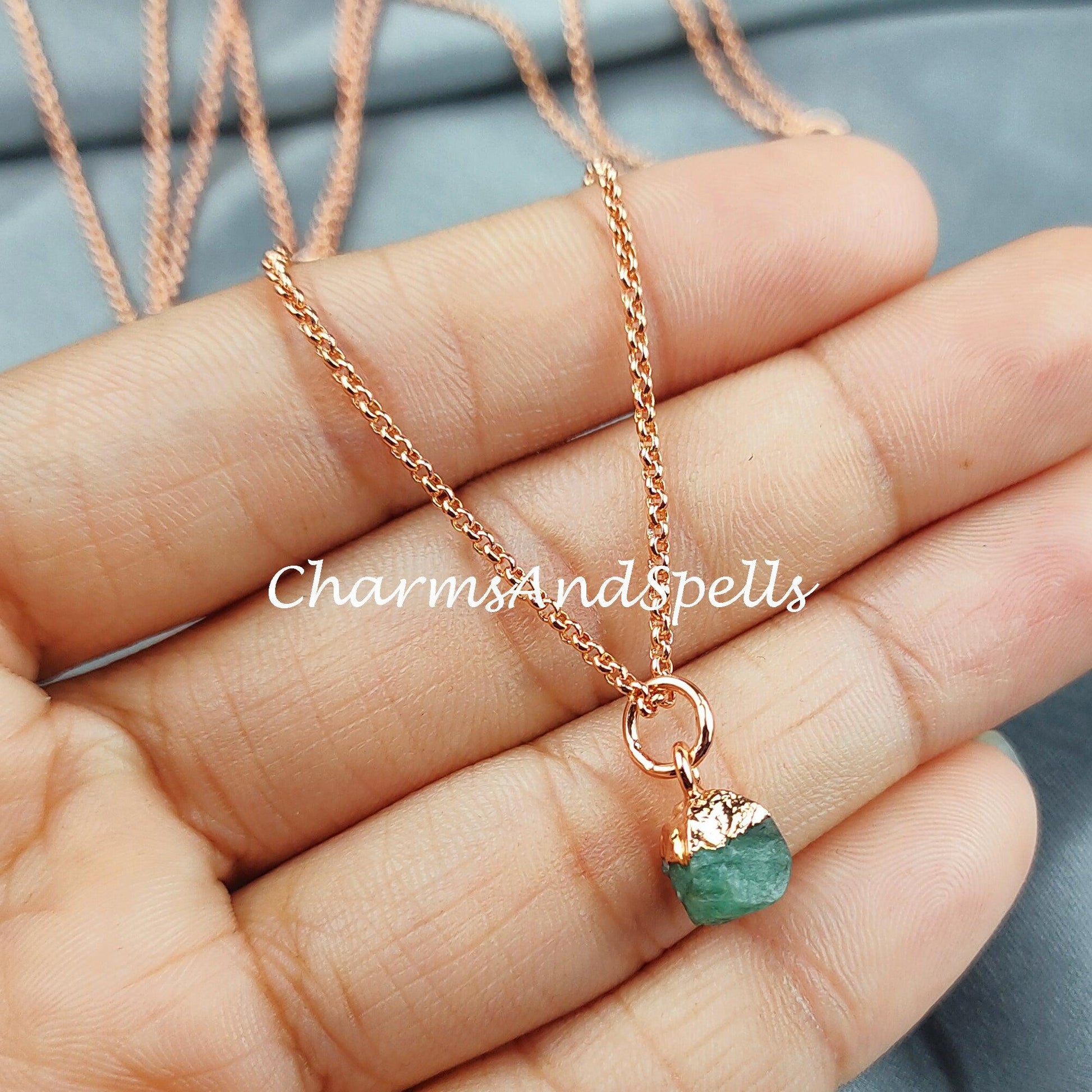 Emerald Necklace, Electroplated Raw Gemstone Jewelry, Copper Plated Necklace, Raw Birthstone Necklace, Gift for her - Charms And Spells