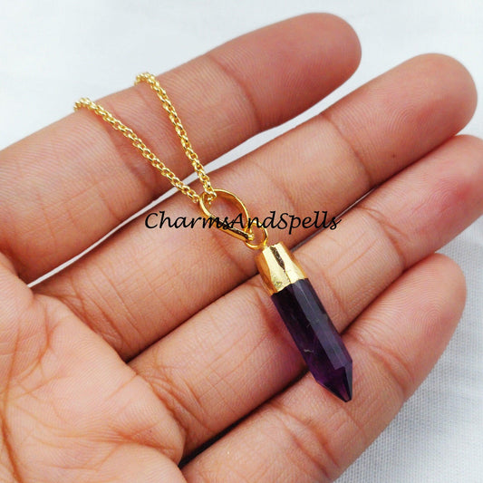 Natural Amethyst Gemstone Necklace, Amethyst Crystal Pencil Point Pendant, Emotional Balance, Calming - Charms And Spells