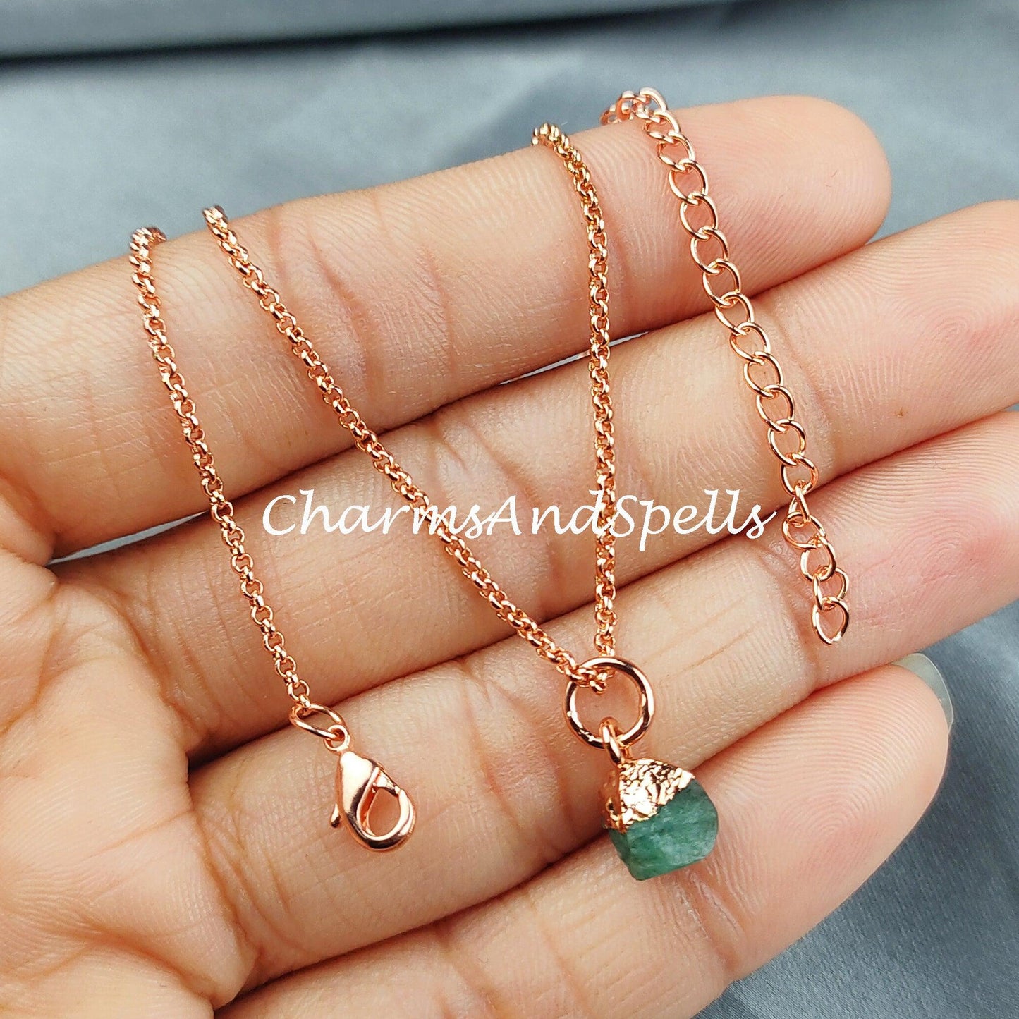 Emerald Necklace, Electroplated Raw Gemstone Jewelry, Copper Plated Necklace, Raw Birthstone Necklace, Gift for her - Charms And Spells