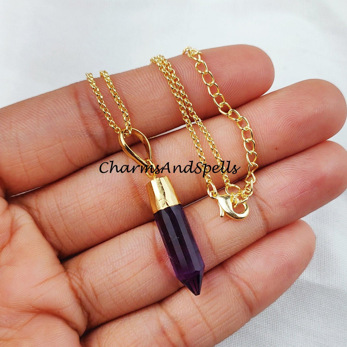 Natural Amethyst Gemstone Necklace, Amethyst Crystal Pencil Point Pendant, Emotional Balance, Calming - Charms And Spells