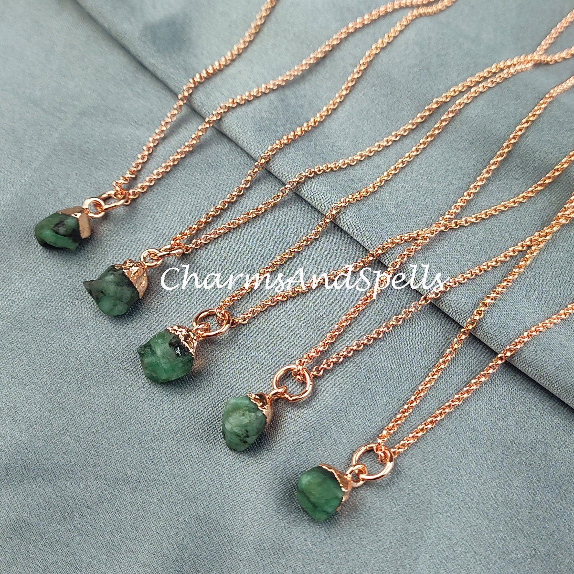 Emerald Necklace, Electroplated Raw Gemstone Jewelry, Copper Plated Necklace, Raw Birthstone Necklace, Gift for her - Charms And Spells