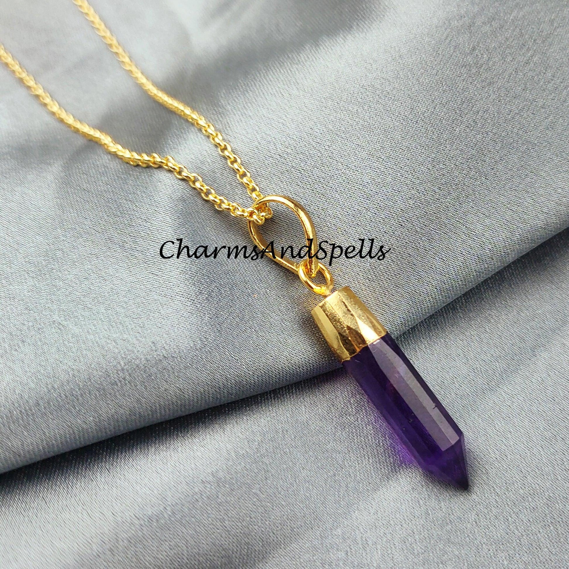 Natural Amethyst Gemstone Necklace, Amethyst Crystal Pencil Point Pendant, Emotional Balance, Calming - Charms And Spells