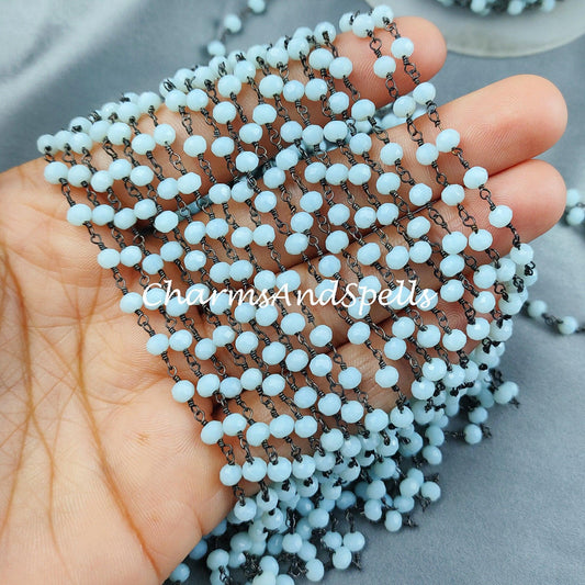 1 Feet Chain, Blue Opal Rosary Chain, Religious Chain for Fashion Jewelry, 4-4.5mm Faceted Blue Chain, Black Plated Rosary Chain - Charms And Spells