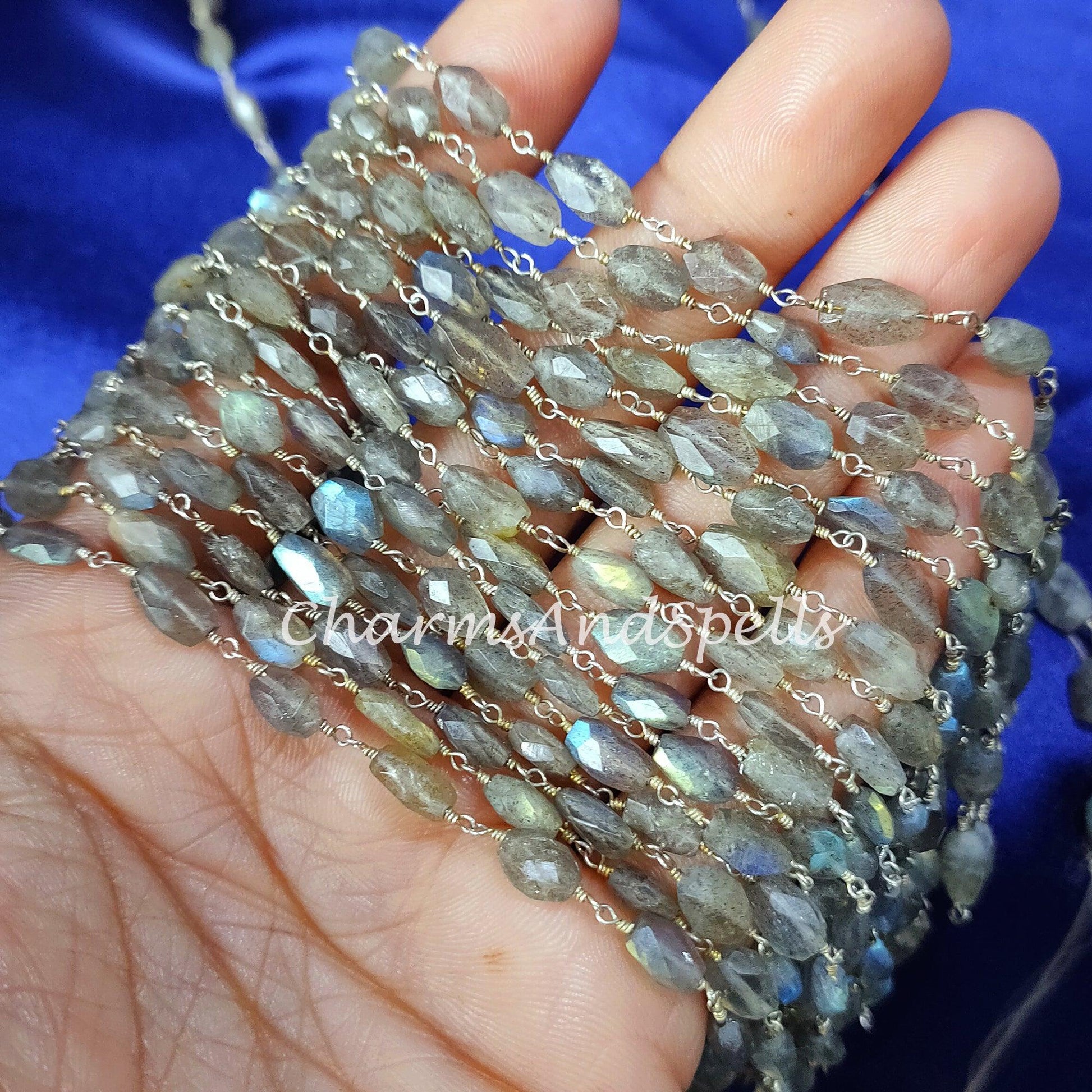 1 Feet Chain, Natural Labradorite Wire Wrapped Beaded Chain, 7x5-8x5.5mm Beads Chain, Blue Labradorite Wire Wrapped Rosary Chain-Sold In Wholesale - Charms And Spells