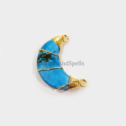 Turquoise Howlite Moon Shape Wire Wrap Pendant, 14K Gold Plated Pendant, Faceted Gemstone Pendant, Bohemian Dainty Pendant - Charms And Spells