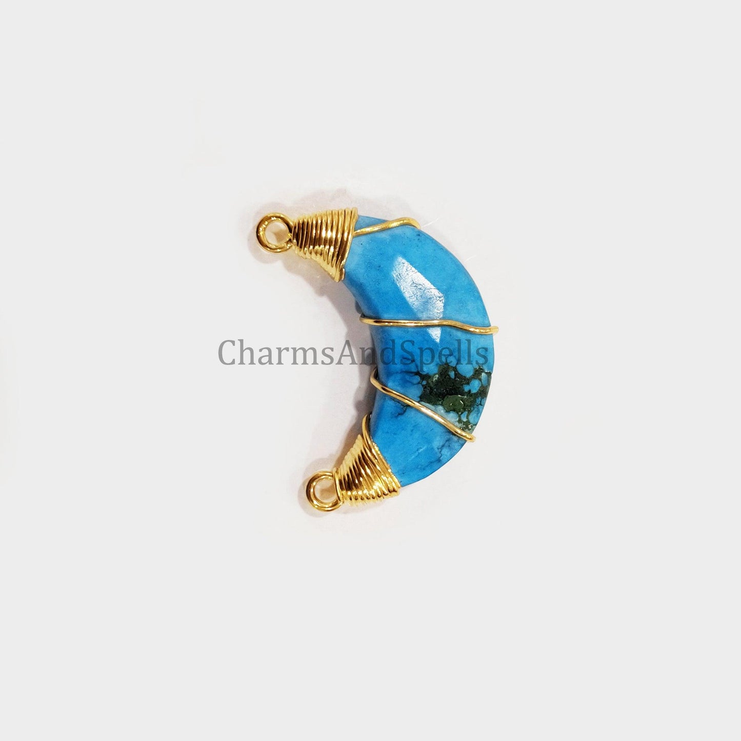 Turquoise Howlite Moon Shape Wire Wrap Pendant, 14K Gold Plated Pendant, Faceted Gemstone Pendant, Bohemian Dainty Pendant - Charms And Spells