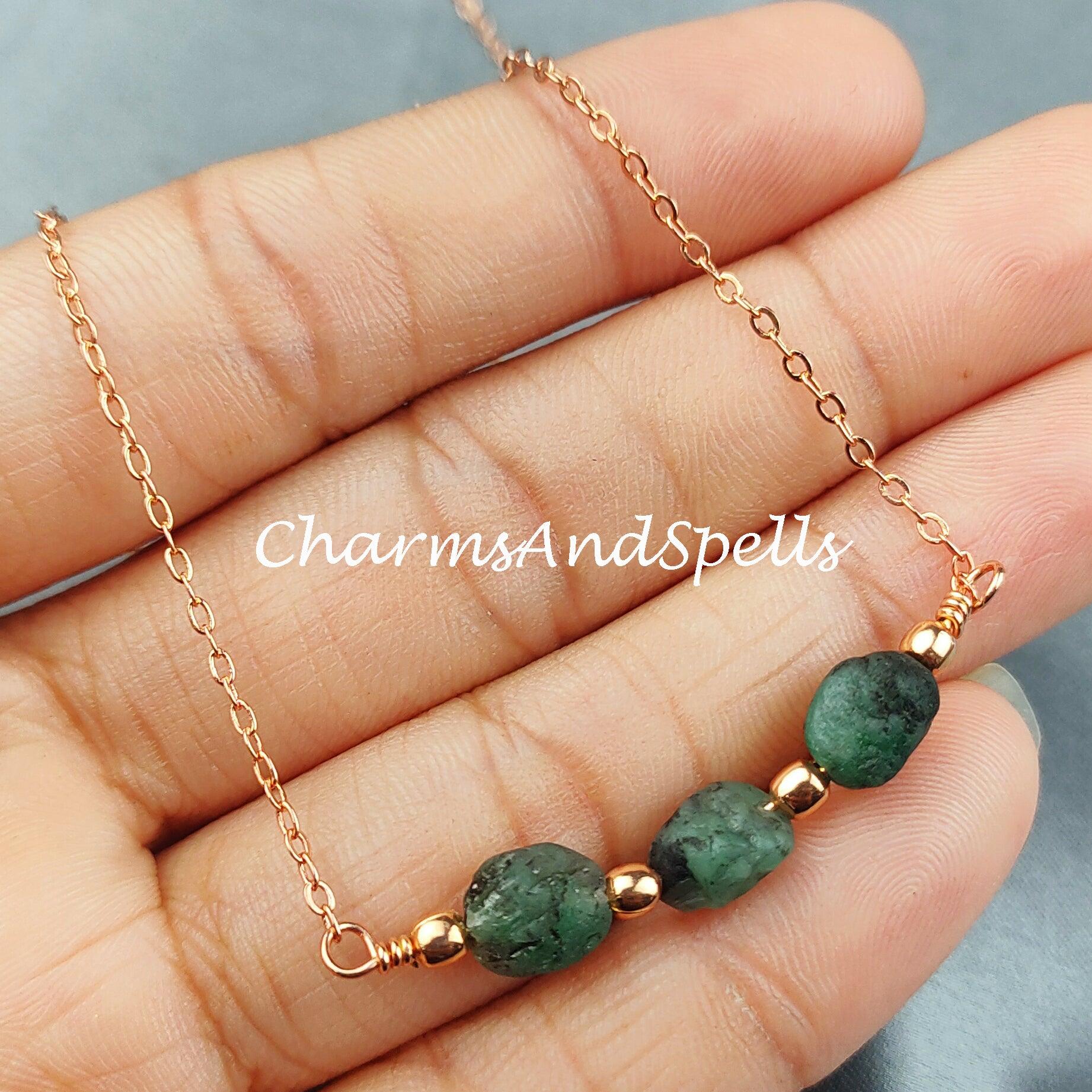 Rough Emerald Necklace, Gemstone Necklace, May Birthstone, Ethnic Jewelry, Gift For Her, Green Emerald Necklace - Charms And Spells