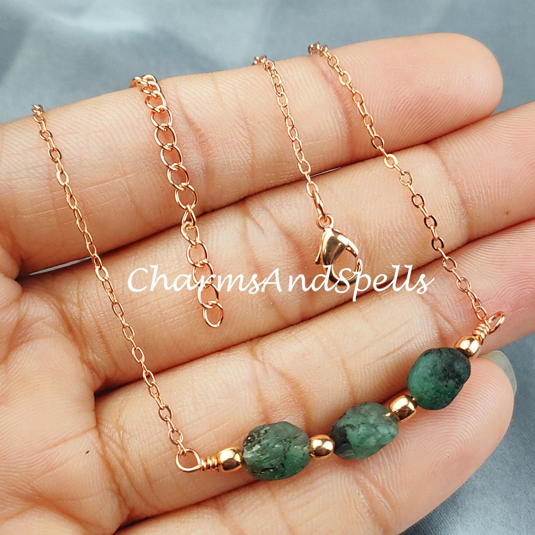 Rough Emerald Necklace, Gemstone Necklace, May Birthstone, Ethnic Jewelry, Gift For Her, Green Emerald Necklace - Charms And Spells