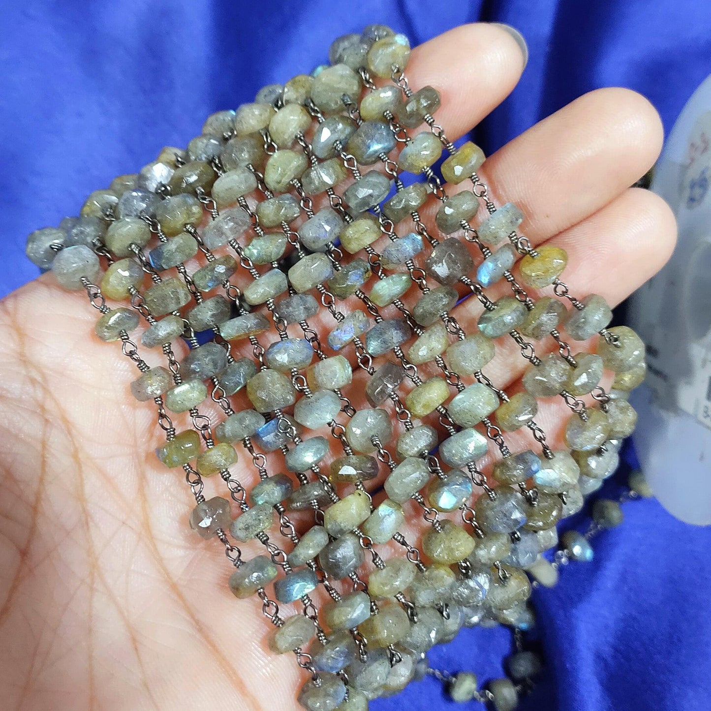 1 Feet Chain, Natural Labradorite Beaded Rosary Chain, Gunmetal Black Wire Wrapped, Genuine Labradorite Beads, 1,2,5,10,25,50 Feet Roll, DIY Jewelry Making - Charms And Spells