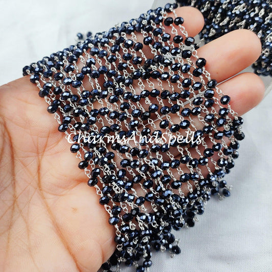 1 Feet Chain, Coated Black Onyx Bead Chain, Wire Wrapped Beaded Chain, Rosary Bead Chain Semi Precious, Healing Necklace Making, DIY Chain - Charms And Spells