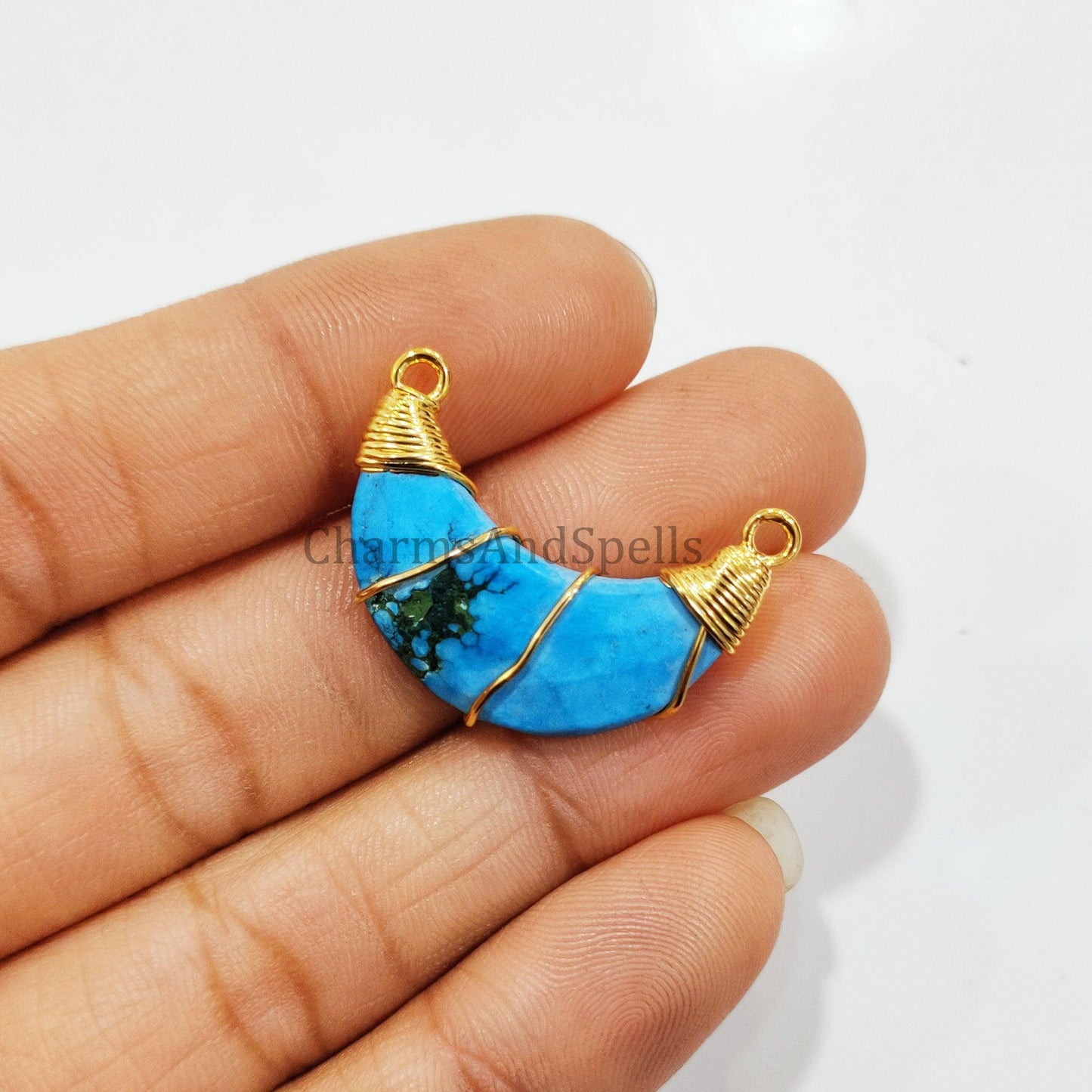 Turquoise Howlite Moon Shape Wire Wrap Pendant, 14K Gold Plated Pendant, Faceted Gemstone Pendant, Bohemian Dainty Pendant - Charms And Spells