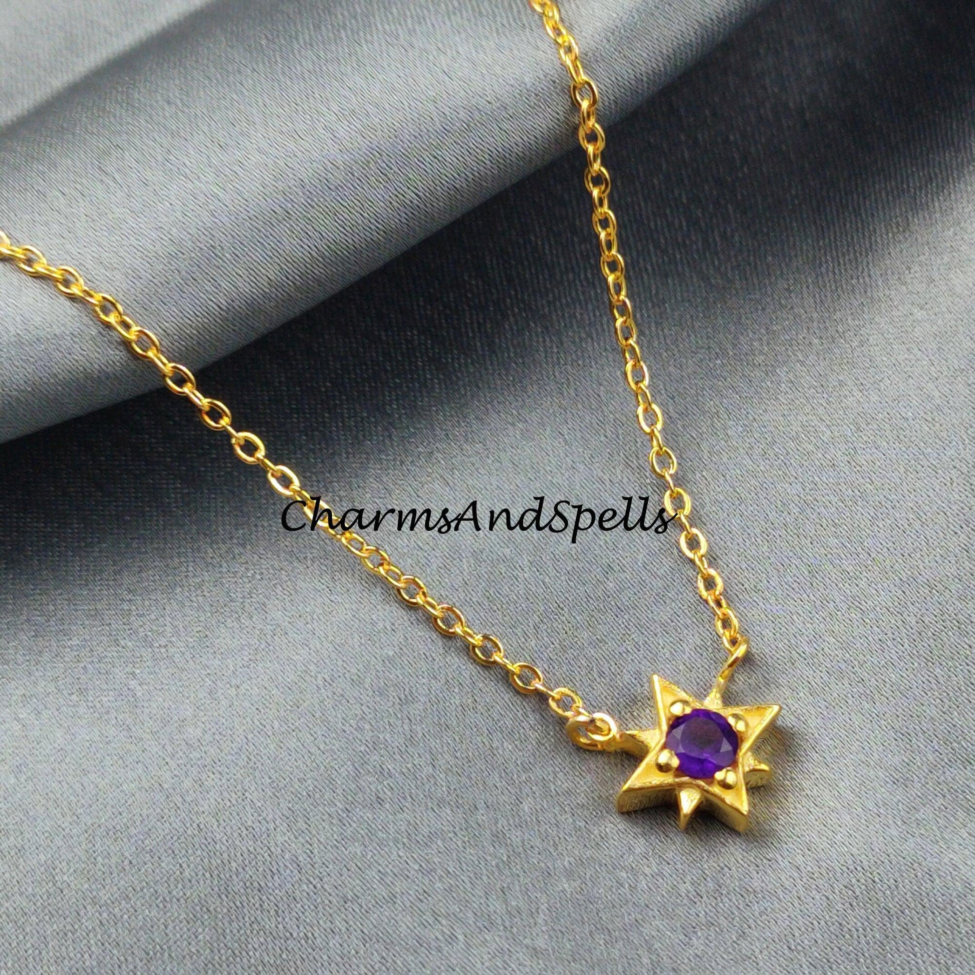 Purple Amethyst Necklace, Amethyst Star Necklace, Chain Necklace, Prong Pendant Necklac - Charms And Spells