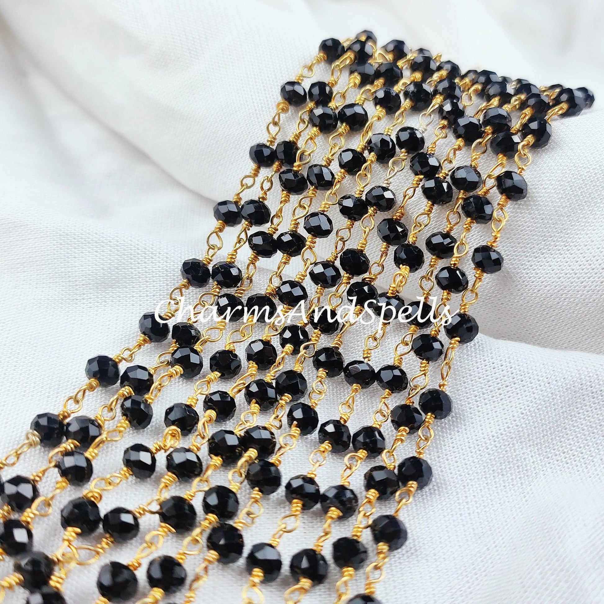 1 Feet Chain, Black Onyx Rondelle Rosary Chain, Rondelle Gemstone Beads, Black Onyx Beaded Chain, Gold Plated Chain, DIY Necklace Chain - Charms And Spells