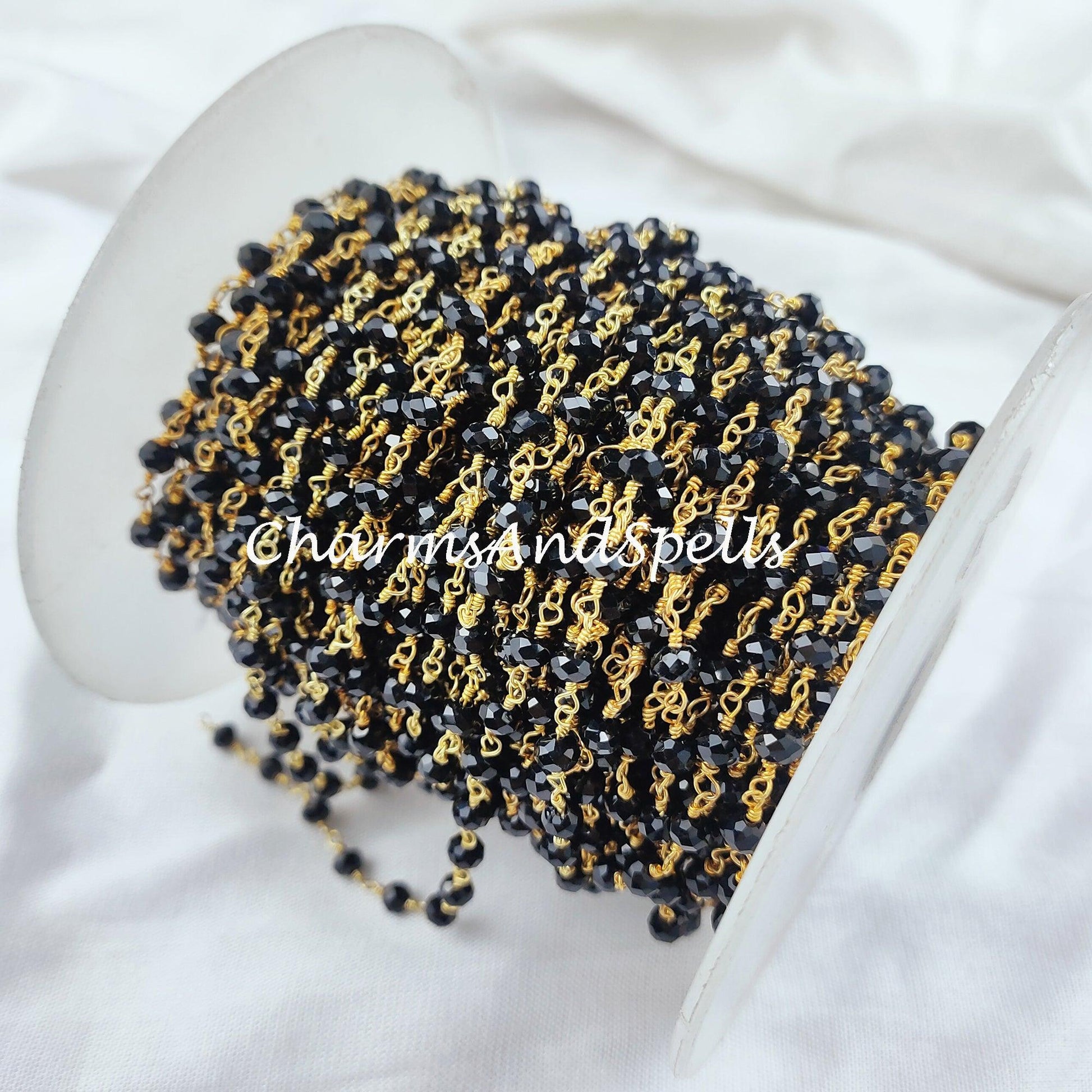 1 Feet Chain, Black Onyx Rondelle Rosary Chain, Rondelle Gemstone Beads, Black Onyx Beaded Chain, Gold Plated Chain, DIY Necklace Chain - Charms And Spells