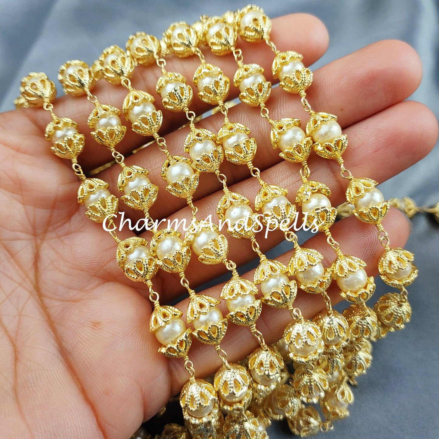 1 Feet Chain, White Pearl Rosary Chain, 14K Gold Plated Wire Wrap Chain, Rondelle Rosary, Rosary Chain For Making Jewelry, Gold Plated Chain - Charms And Spells