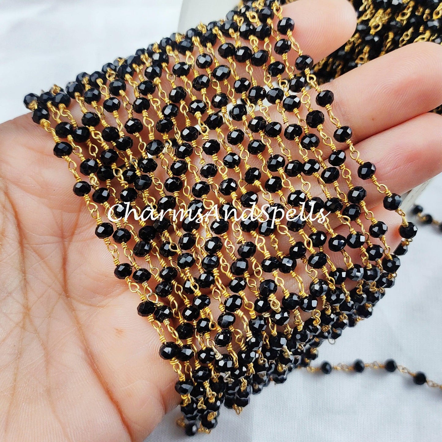 1 Feet Chain, Black Onyx Rondelle Rosary Chain, Rondelle Gemstone Beads, Black Onyx Beaded Chain, Gold Plated Chain, DIY Necklace Chain - Charms And Spells