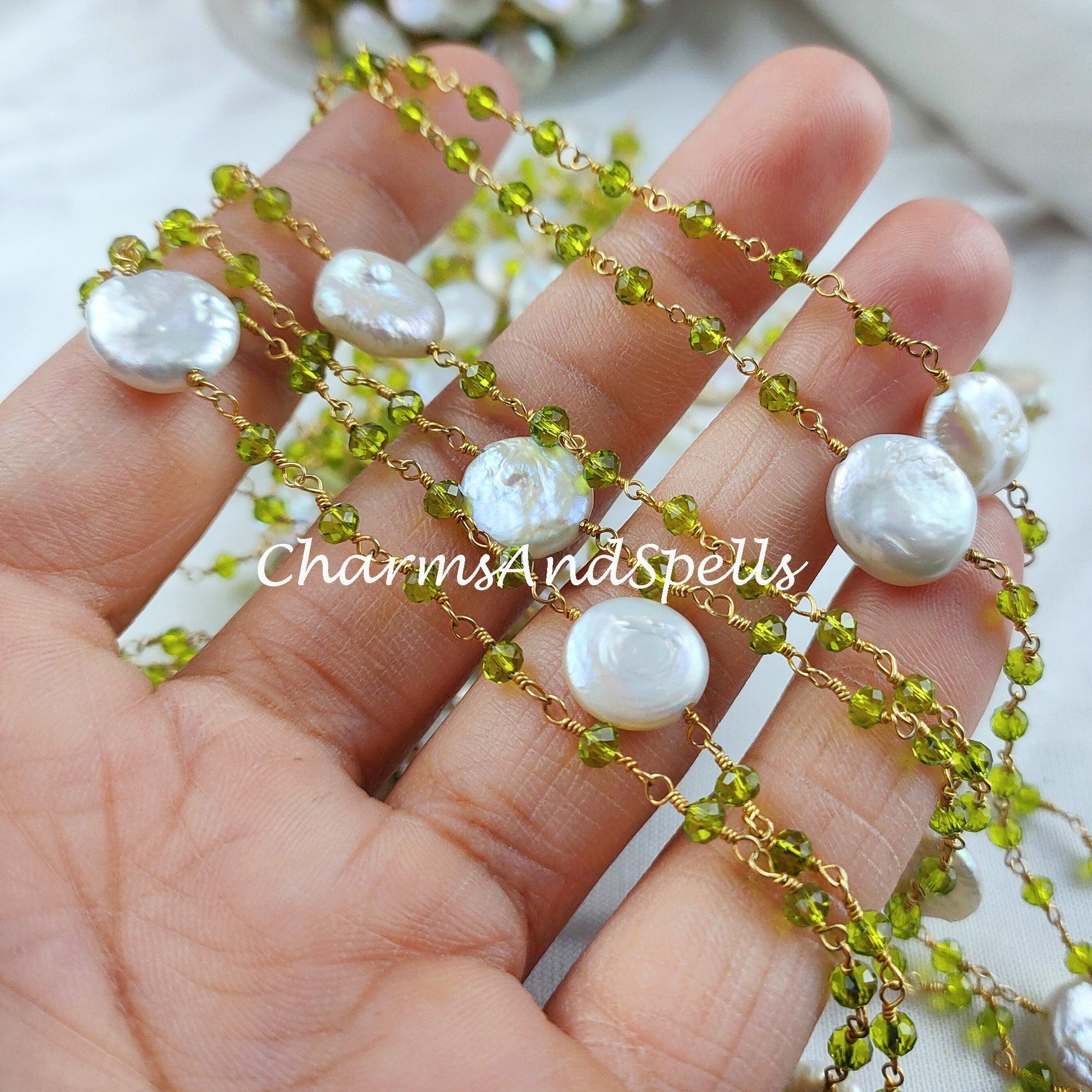 1 Feet Chain, Peridot Beaded Chain, Mother Of Pearl Wire Wrapped Chain, Rosary Bead Chain, Jewelry Making Chain, DIY Chain, Handmade Chain - Charms And Spells