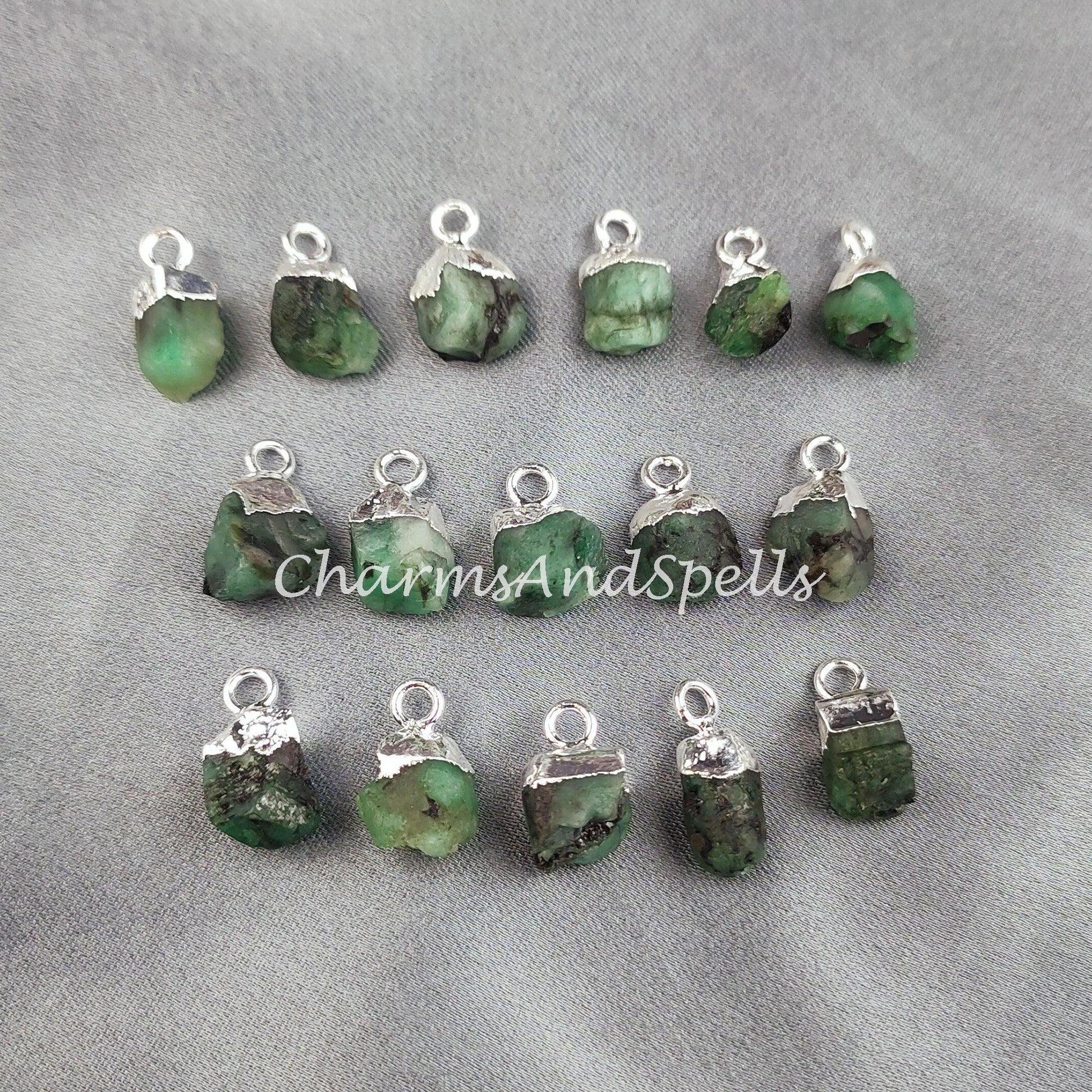 Emerald Pendant Connectors, Rough Connectors, Electroplated Single Bail Connectors, Natural Raw Emerald - Charms And Spells