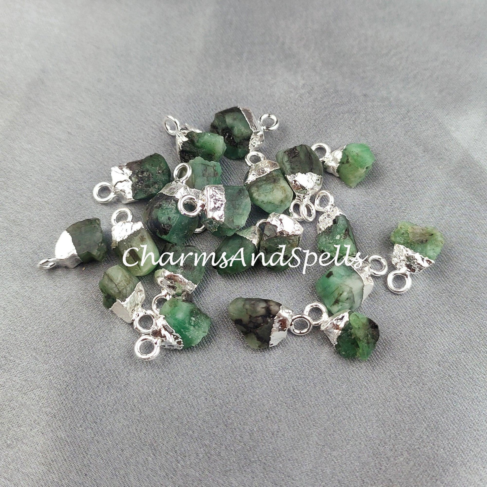 Emerald Pendant Connectors, Rough Connectors, Electroplated Single Bail Connectors, Natural Raw Emerald - Charms And Spells