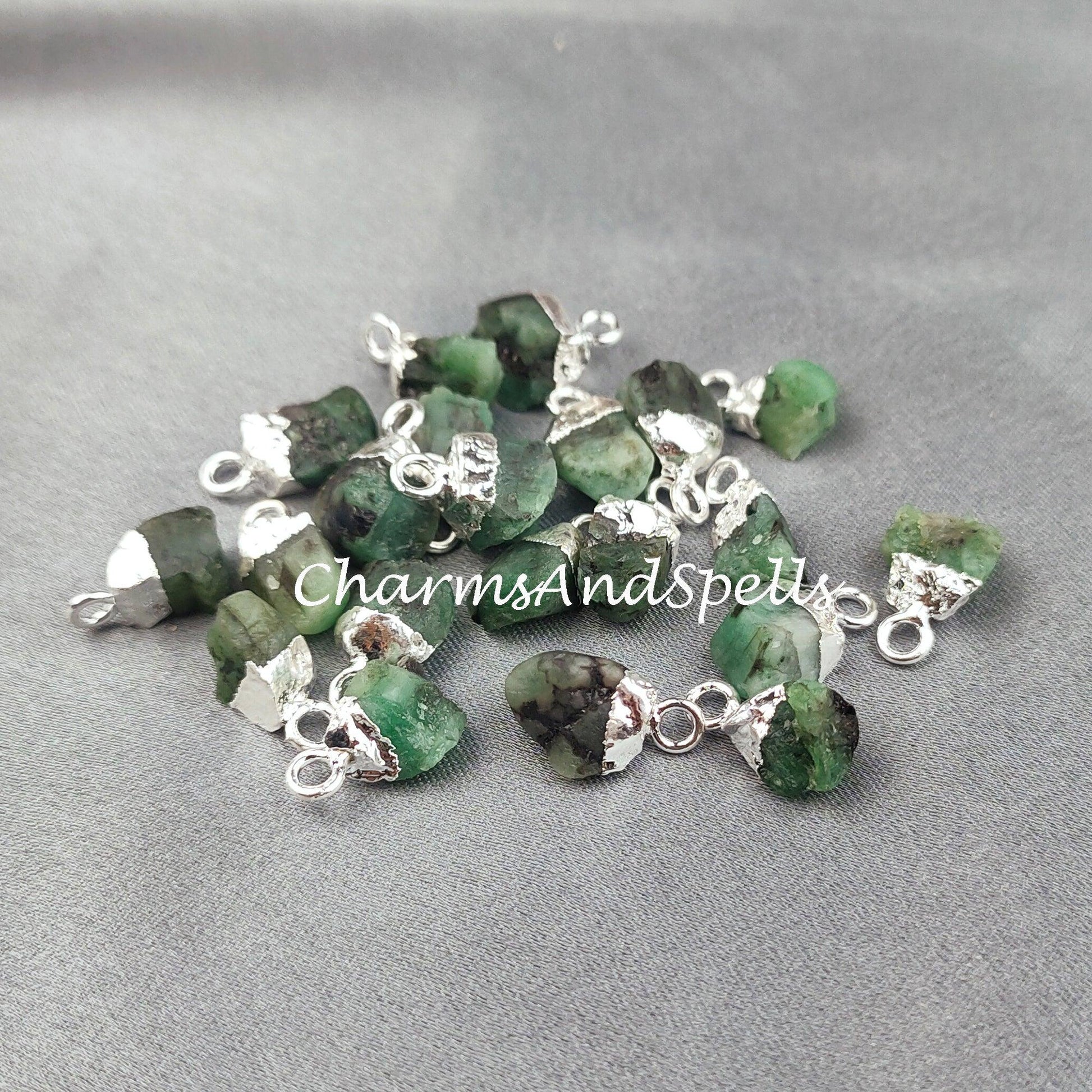 Emerald Pendant Connectors, Rough Connectors, Electroplated Single Bail Connectors, Natural Raw Emerald - Charms And Spells