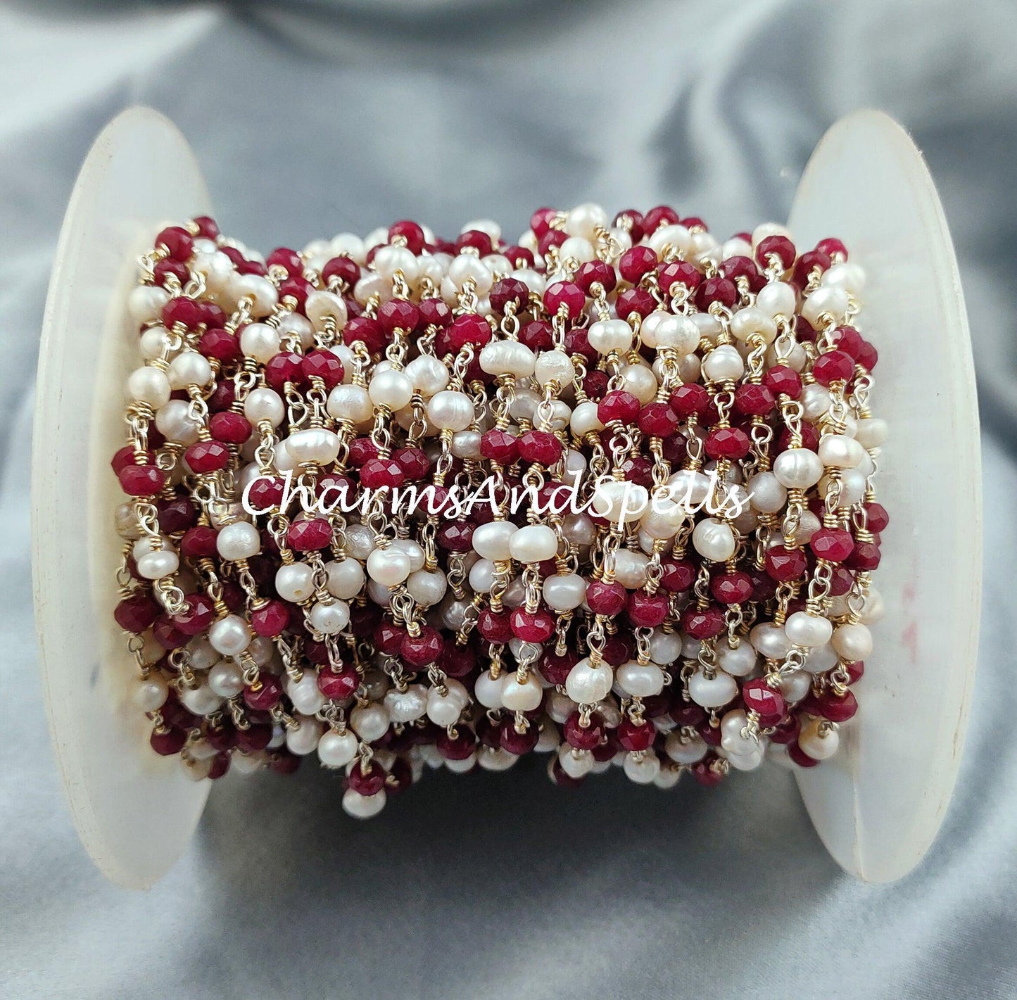 1,2,5,10,25 Ft Ruby Faceted Rondelle Beaded Rosary Chain, Pearl Gold Plated Wire, Jewelry Making Chain, Wire Wrapped Chain 3.5-4.5mm - Charms And Spells