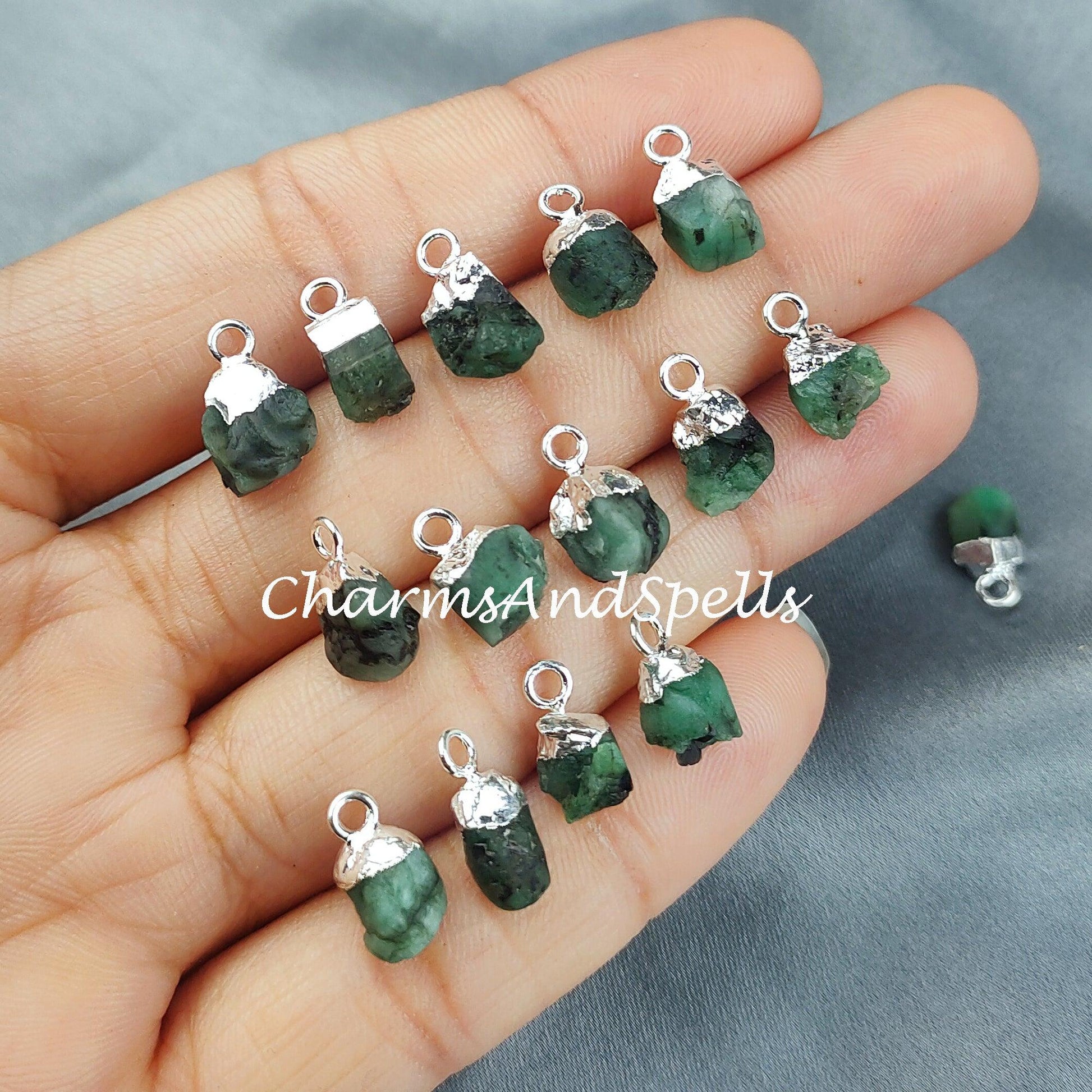 Emerald Pendant Connectors, Rough Connectors, Electroplated Single Bail Connectors, Natural Raw Emerald - Charms And Spells