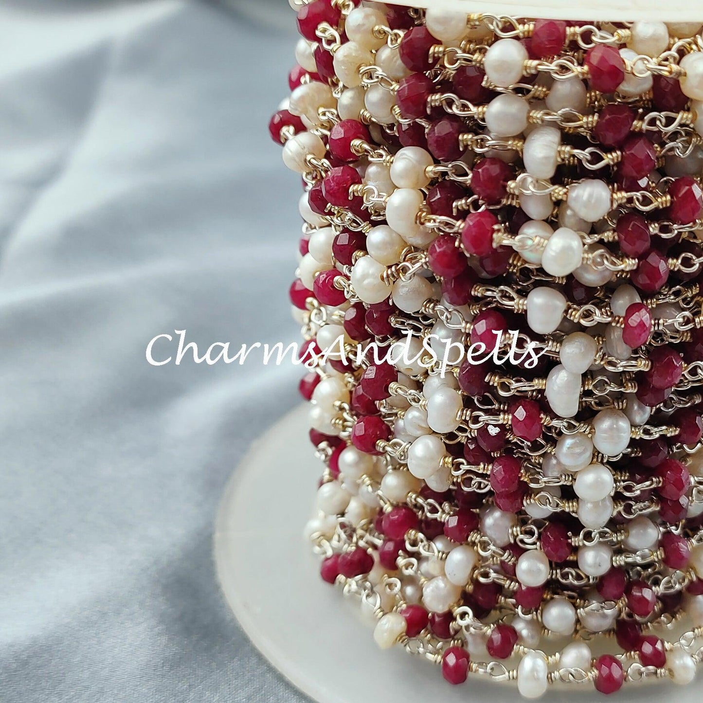 1,2,5,10,25 Ft Ruby Faceted Rondelle Beaded Rosary Chain, Pearl Gold Plated Wire, Jewelry Making Chain, Wire Wrapped Chain 3.5-4.5mm - Charms And Spells