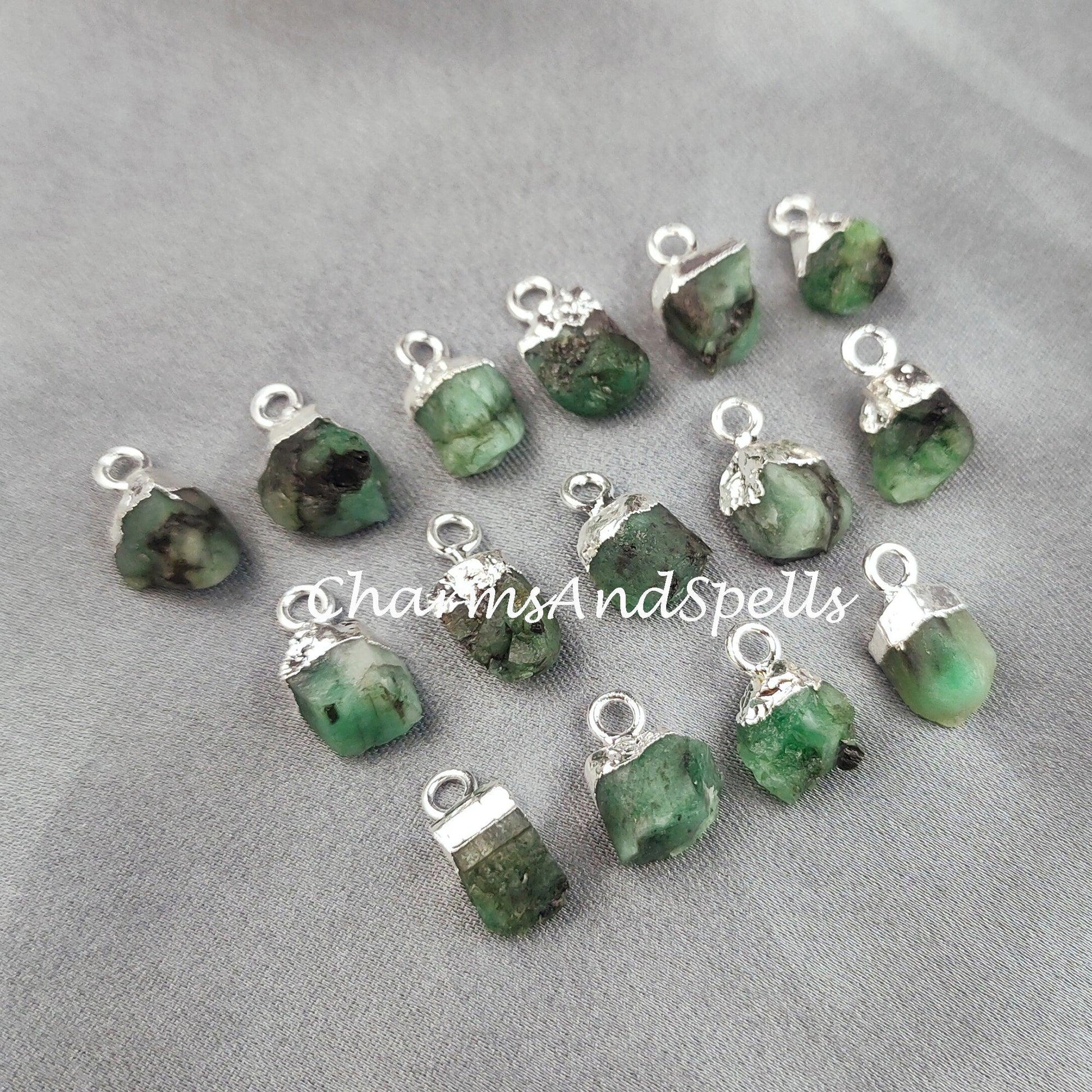 Emerald Pendant Connectors, Rough Connectors, Electroplated Single Bail Connectors, Natural Raw Emerald - Charms And Spells