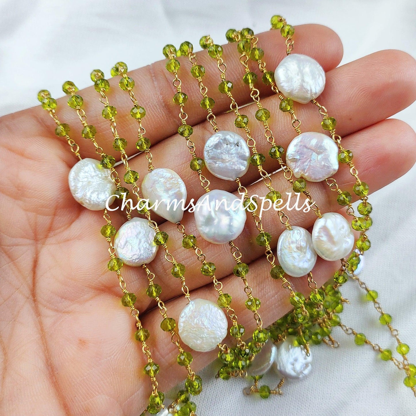 1 Feet Chain, Peridot Beaded Chain, Mother Of Pearl Wire Wrapped Chain, Rosary Bead Chain, Jewelry Making Chain, DIY Chain, Handmade Chain - Charms And Spells