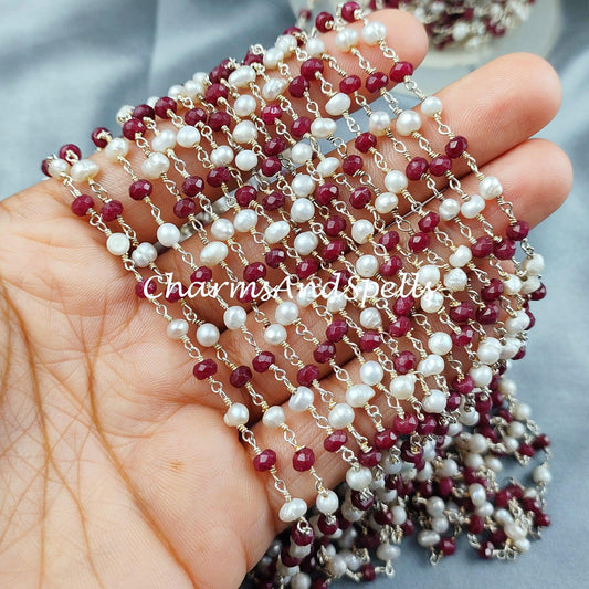 1,2,5,10,25 Ft Ruby Faceted Rondelle Beaded Rosary Chain, Pearl Gold Plated Wire, Jewelry Making Chain, Wire Wrapped Chain 3.5-4.5mm - Charms And Spells