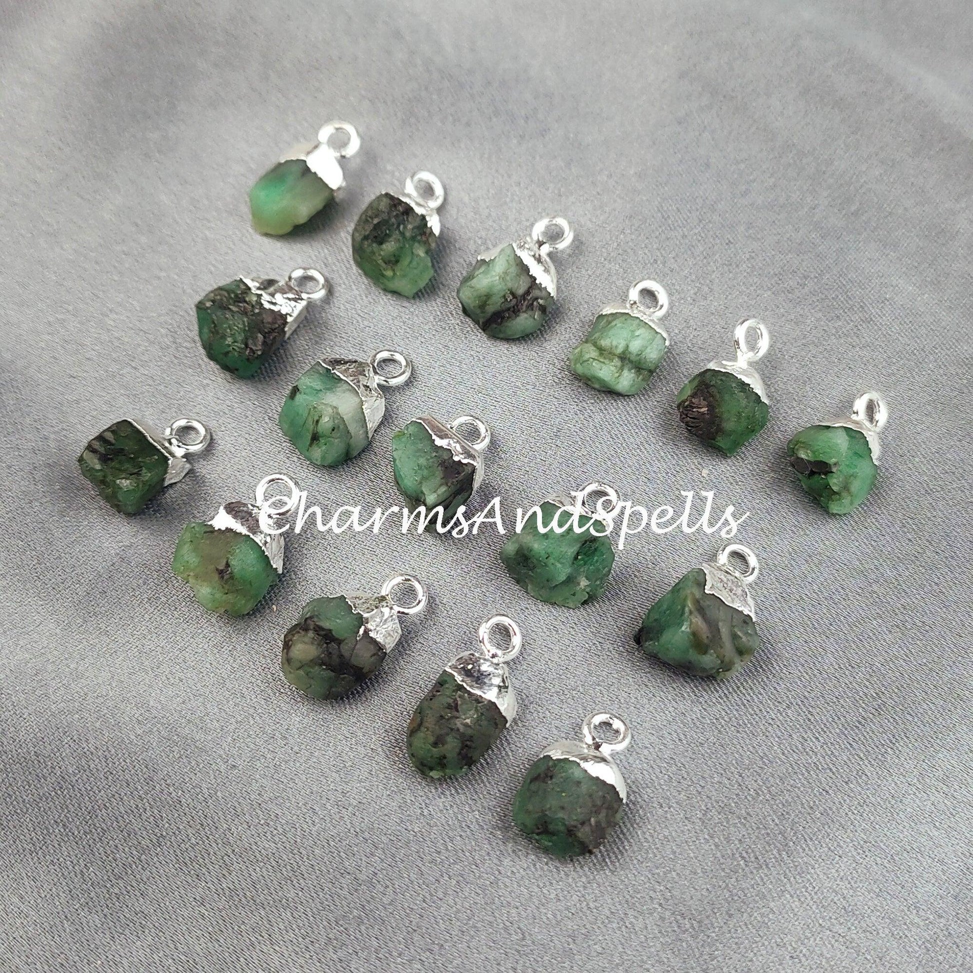 Emerald Pendant Connectors, Rough Connectors, Electroplated Single Bail Connectors, Natural Raw Emerald - Charms And Spells