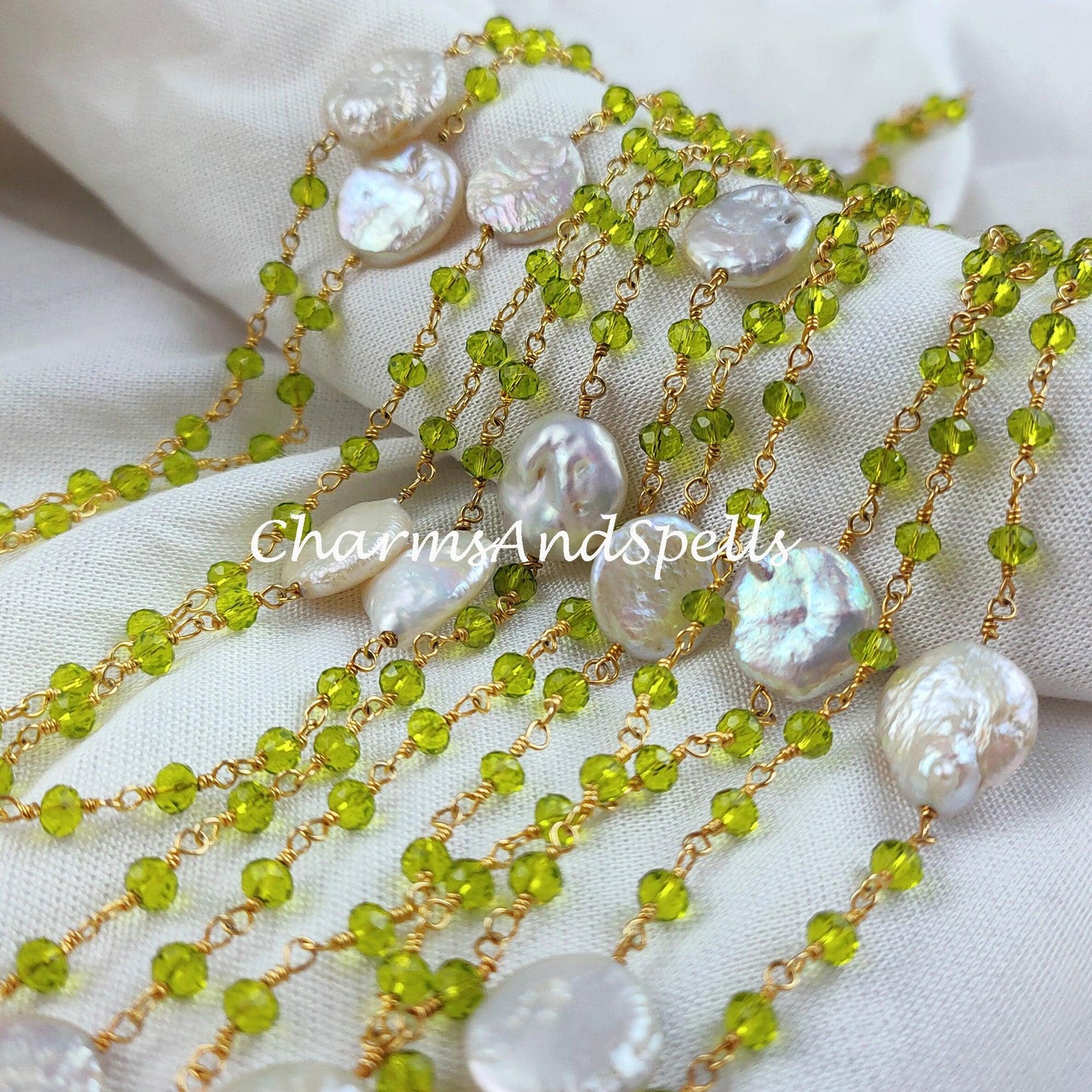 1 Feet Chain, Peridot Beaded Chain, Mother Of Pearl Wire Wrapped Chain, Rosary Bead Chain, Jewelry Making Chain, DIY Chain, Handmade Chain - Charms And Spells