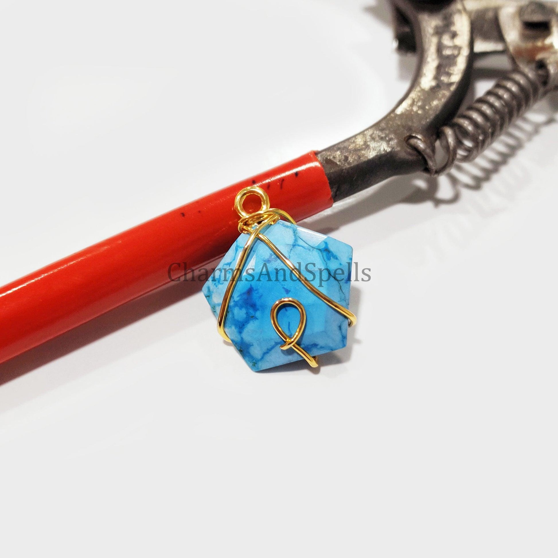 Turquoise Howlite Wire Wrap Pendant, Gold Plated Pendant, Pentagon Pendant, Bohemian Pendant, Handmade Jewelry, Ready to Ship - Charms And Spells