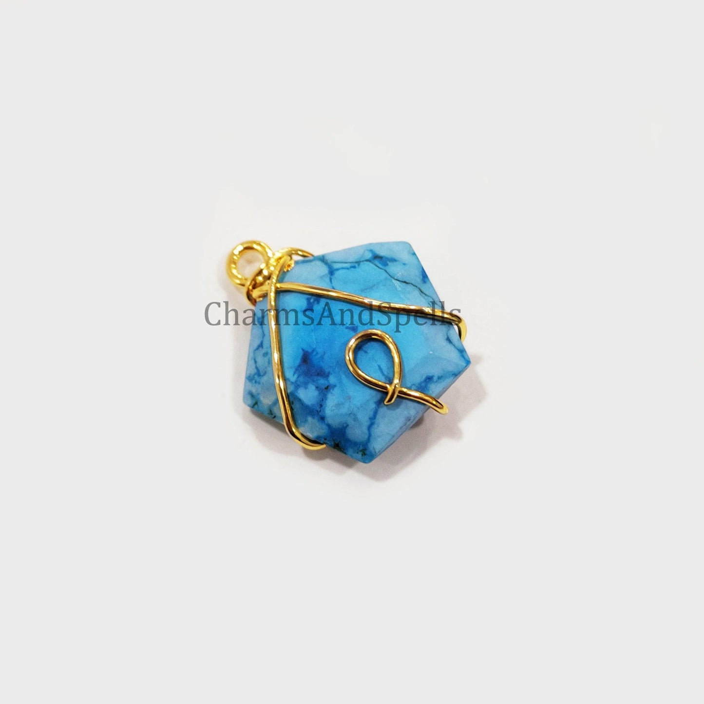 Turquoise Howlite Wire Wrap Pendant, Gold Plated Pendant, Pentagon Pendant, Bohemian Pendant, Handmade Jewelry, Ready to Ship - Charms And Spells