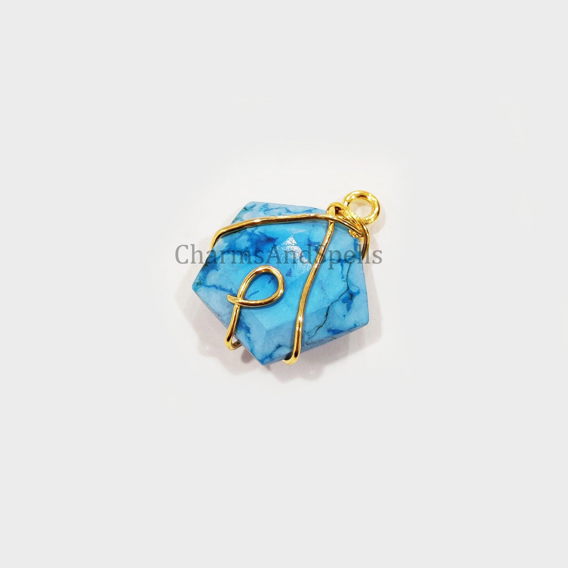 Turquoise Howlite Wire Wrap Pendant, Gold Plated Pendant, Pentagon Pendant, Bohemian Pendant, Handmade Jewelry, Ready to Ship - Charms And Spells