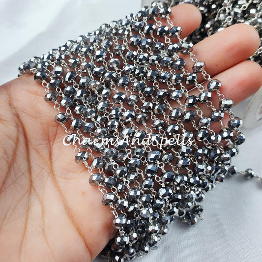 1 Feet Chain, Silver Pyrite Rosary Chain, Beads Chain, Body Chain, Jewelry Making, Women Chain, Necklace Chain, 925 Silver Plated Rosary Chain - Charms And Spells