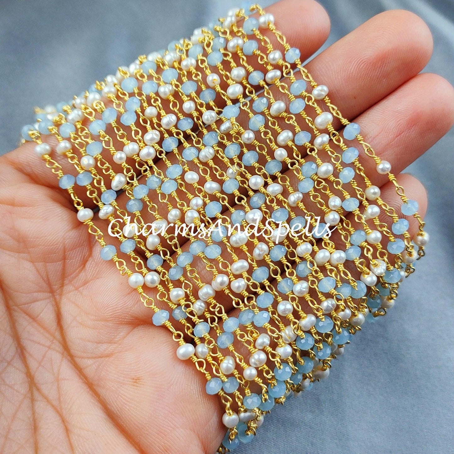 1-50 Feet Chalcedony Beaded Rosary Chain, Pearl Rondelle Faceted 3-3.5mm Gold Plating Chain, Jewelry Findings, Bulk Rosary Chain Rolls - Charms And Spells