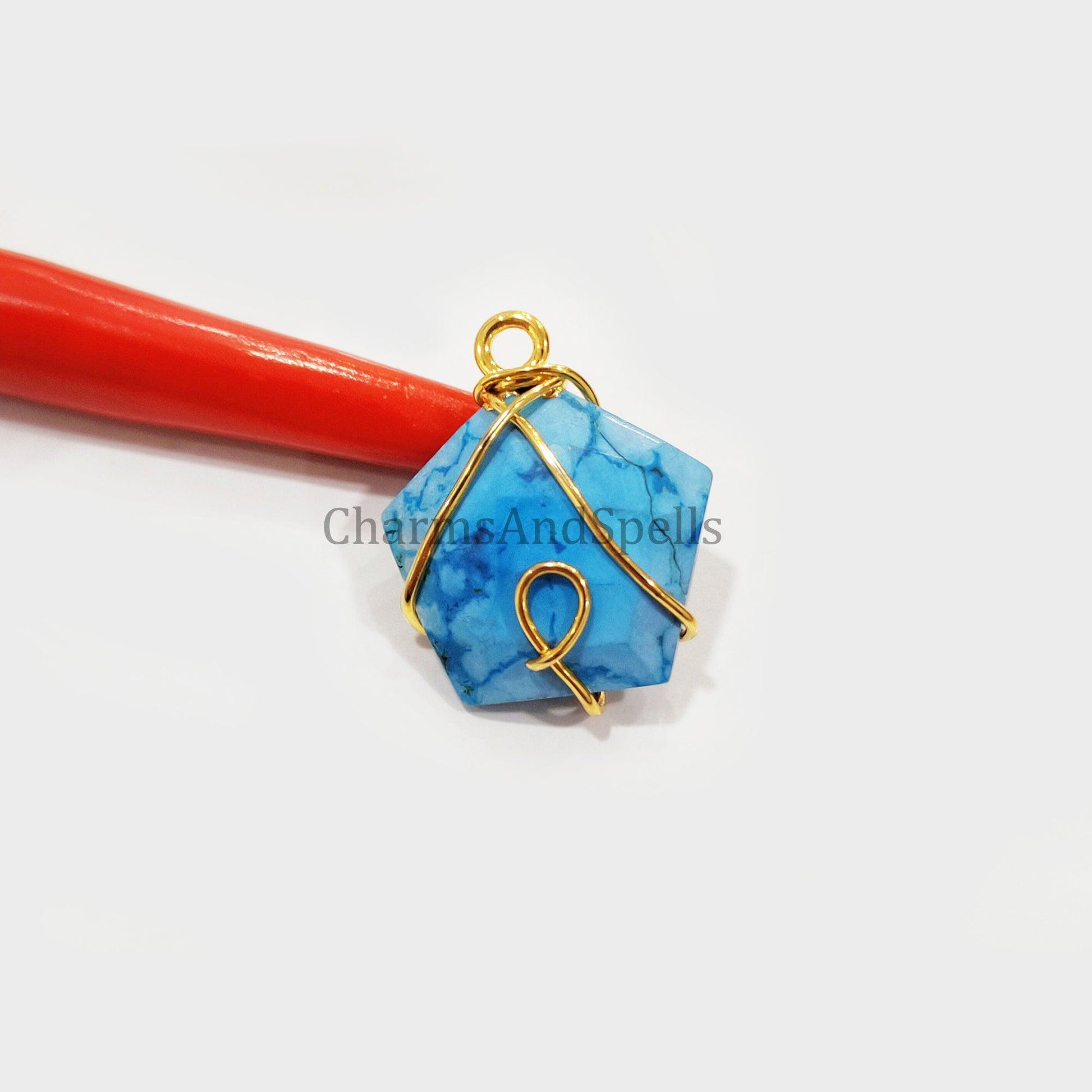 Turquoise Howlite Wire Wrap Pendant, Gold Plated Pendant, Pentagon Pendant, Bohemian Pendant, Handmade Jewelry, Ready to Ship - Charms And Spells