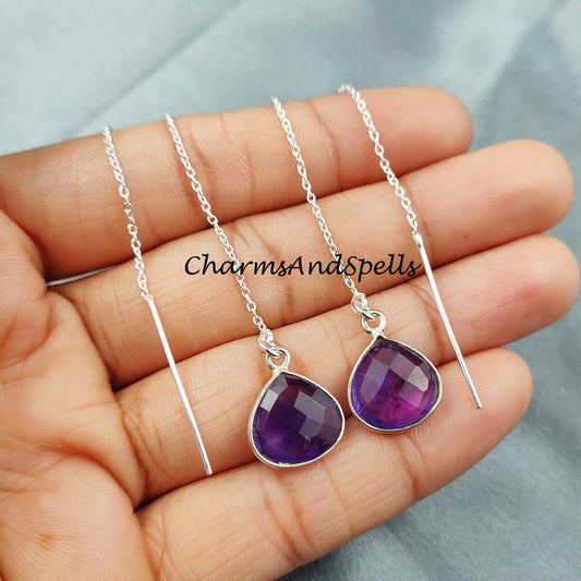 Purple Amethyst Threader Earrings, February Birthstone Earrings, Gemstone Earrings, Long Silver Plated Earrings - Charms And Spells