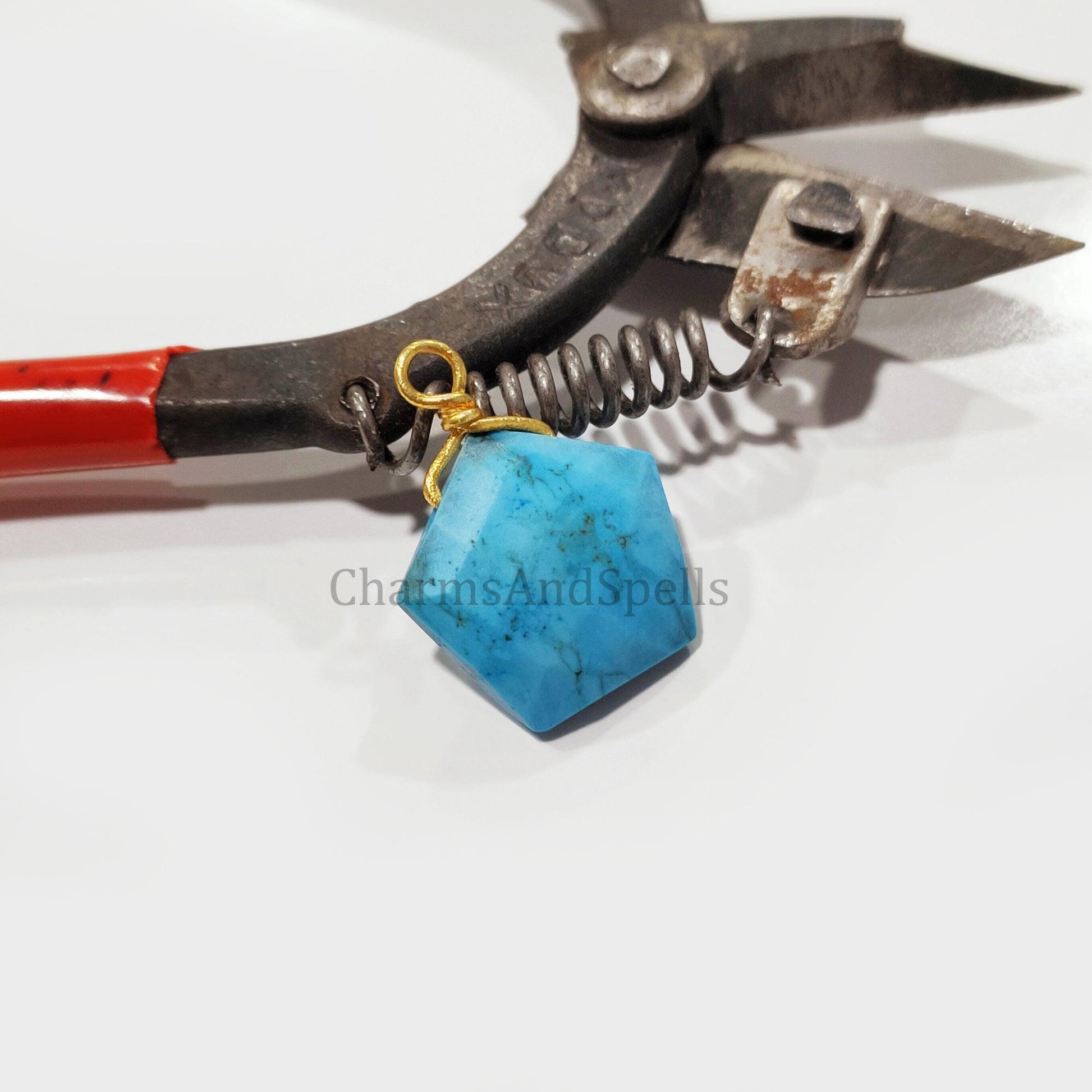 Turquoise Howlite Wire Wrap Pendant, Pentagon Shape Handmade Pendant, Boho Gold Plated Pendant, Statement Pendant - Charms And Spells