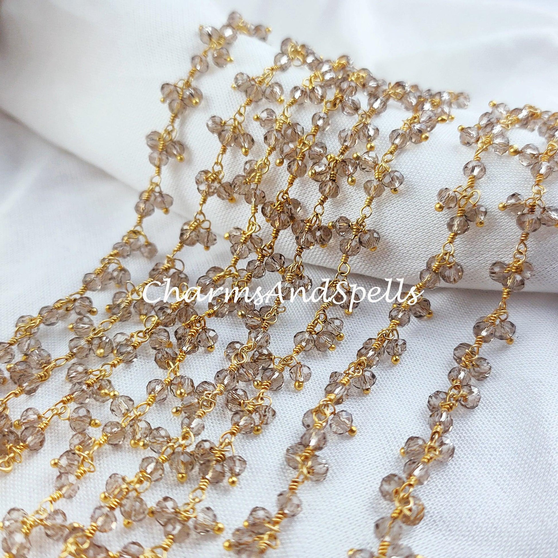 1 Feet Chain, Smoky Quartz Beaded Thick Chain, 14K Gold Plated Wire Wrapped Chain, Anklets Beads Chain, 1,2,5,10,25,50 Feet Roll - Charms And Spells