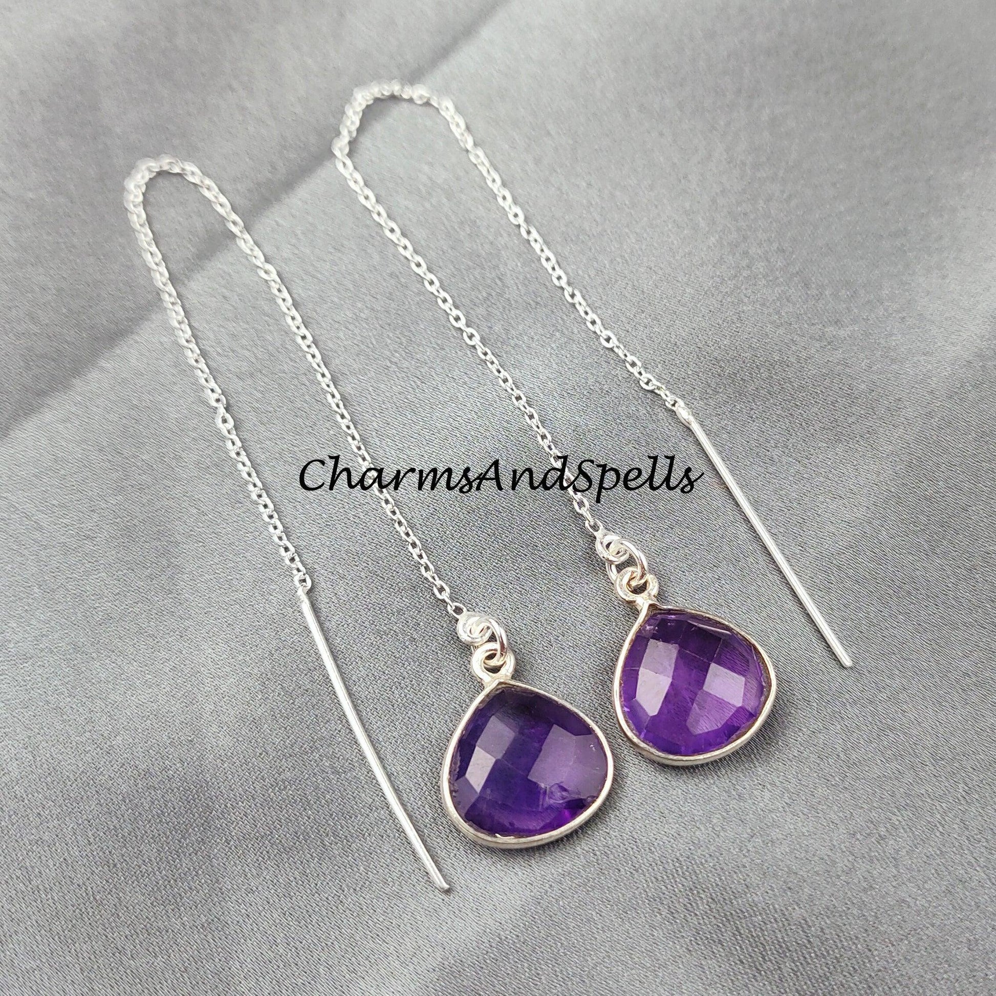 Purple Amethyst Threader Earrings, February Birthstone Earrings, Gemstone Earrings, Long Silver Plated Earrings - Charms And Spells