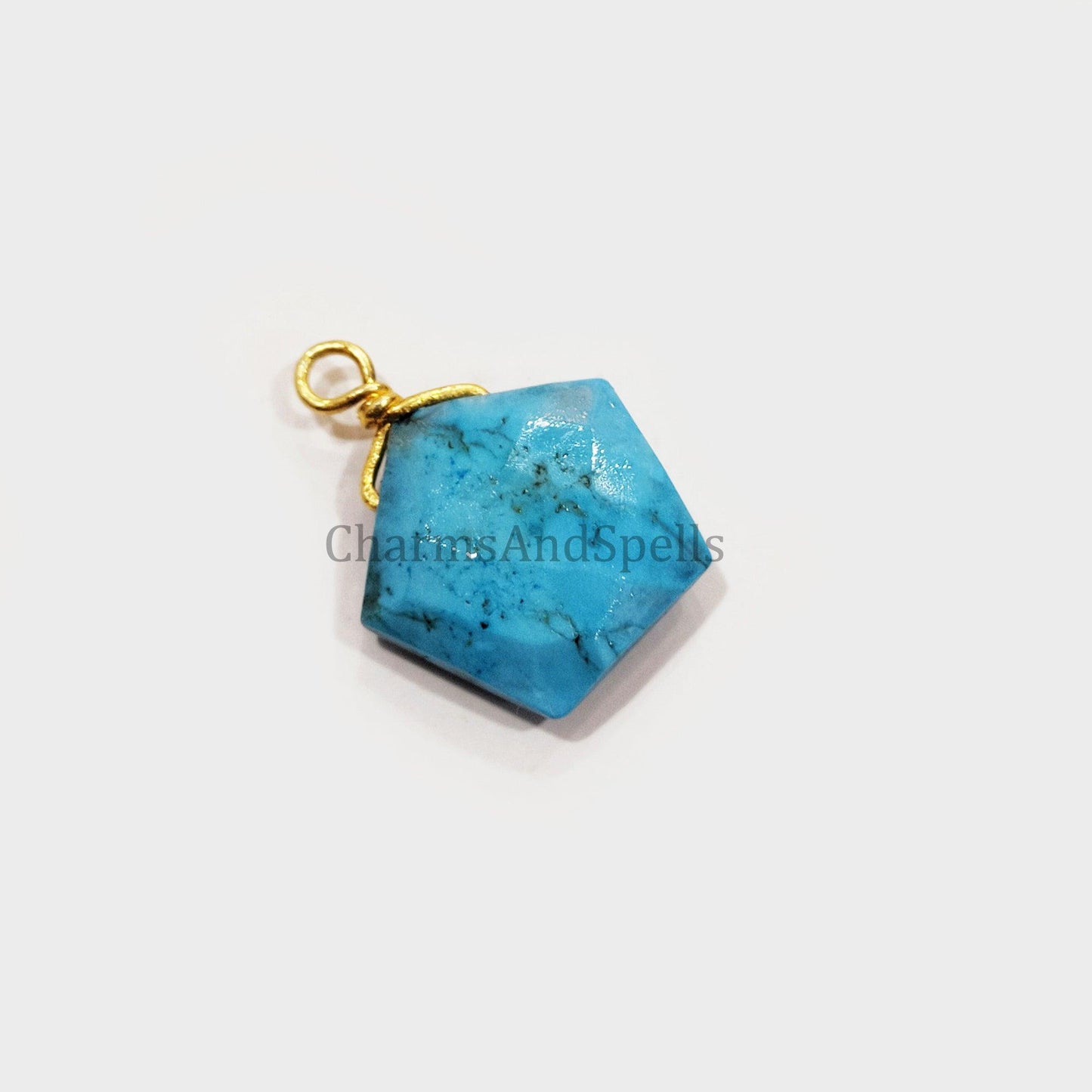 Turquoise Howlite Wire Wrap Pendant, Pentagon Shape Handmade Pendant, Boho Gold Plated Pendant, Statement Pendant - Charms And Spells