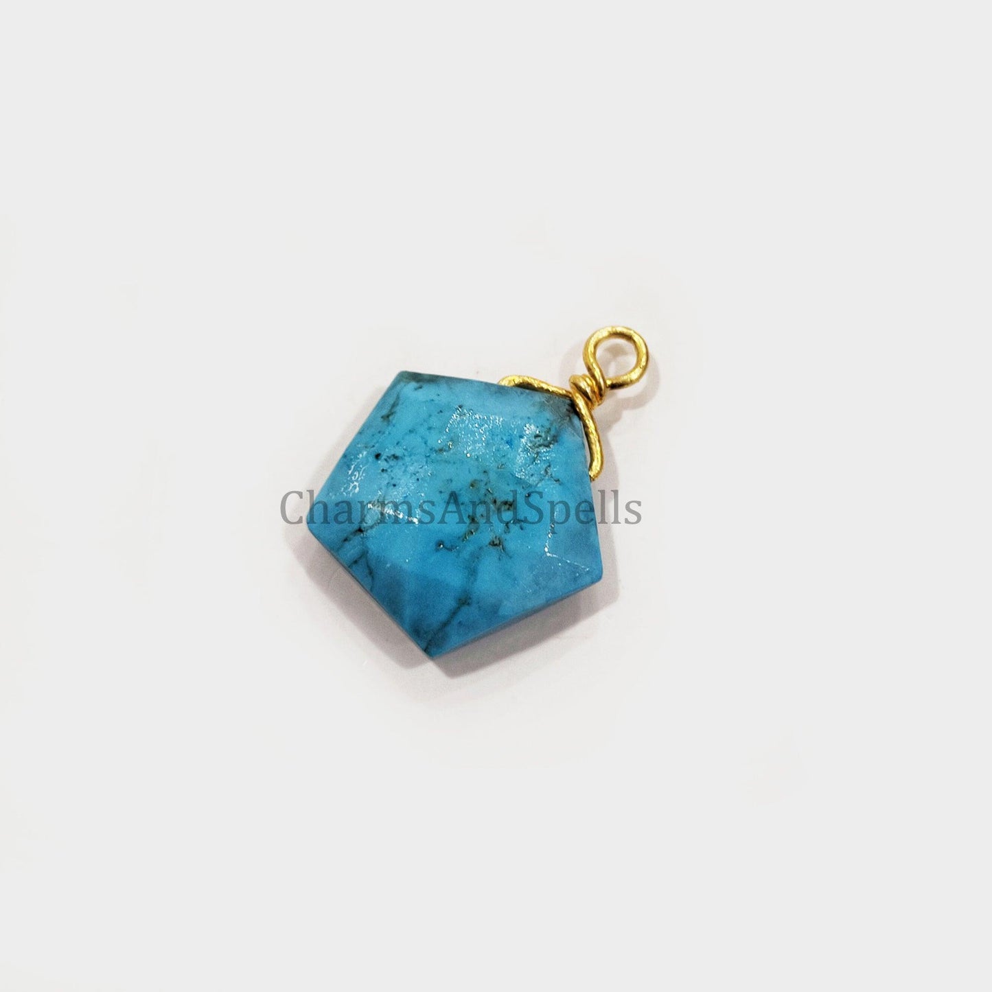 Turquoise Howlite Wire Wrap Pendant, Pentagon Shape Handmade Pendant, Boho Gold Plated Pendant, Statement Pendant - Charms And Spells