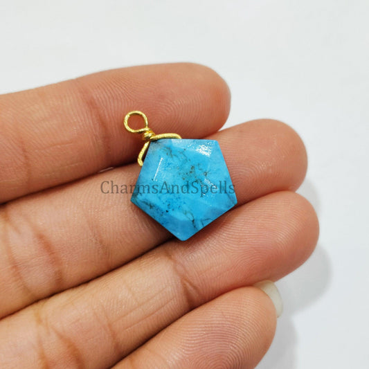 Turquoise Howlite Wire Wrap Pendant, Pentagon Shape Handmade Pendant, Boho Gold Plated Pendant, Statement Pendant - Charms And Spells