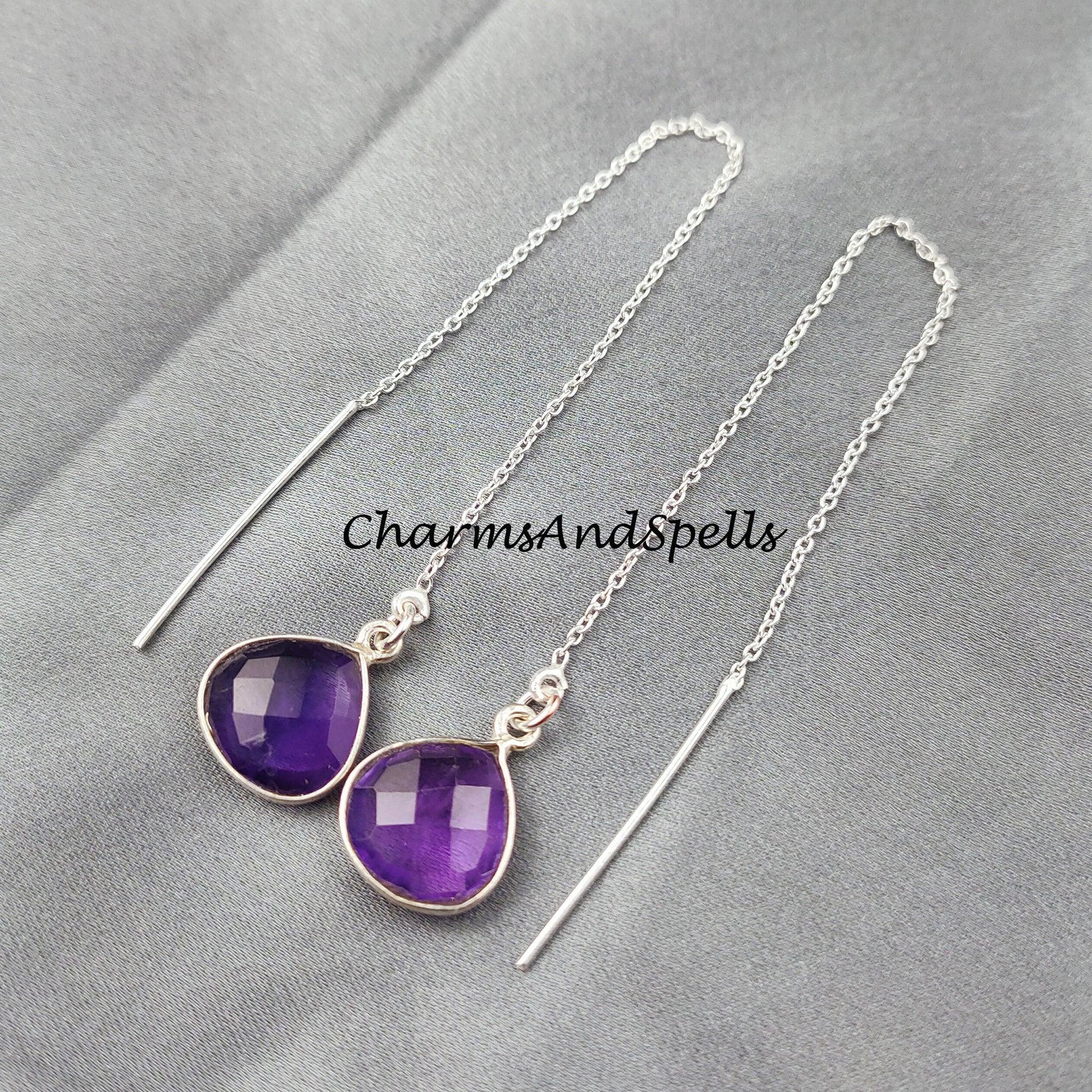 Purple Amethyst Threader Earrings, February Birthstone Earrings, Gemstone Earrings, Long Silver Plated Earrings - Charms And Spells