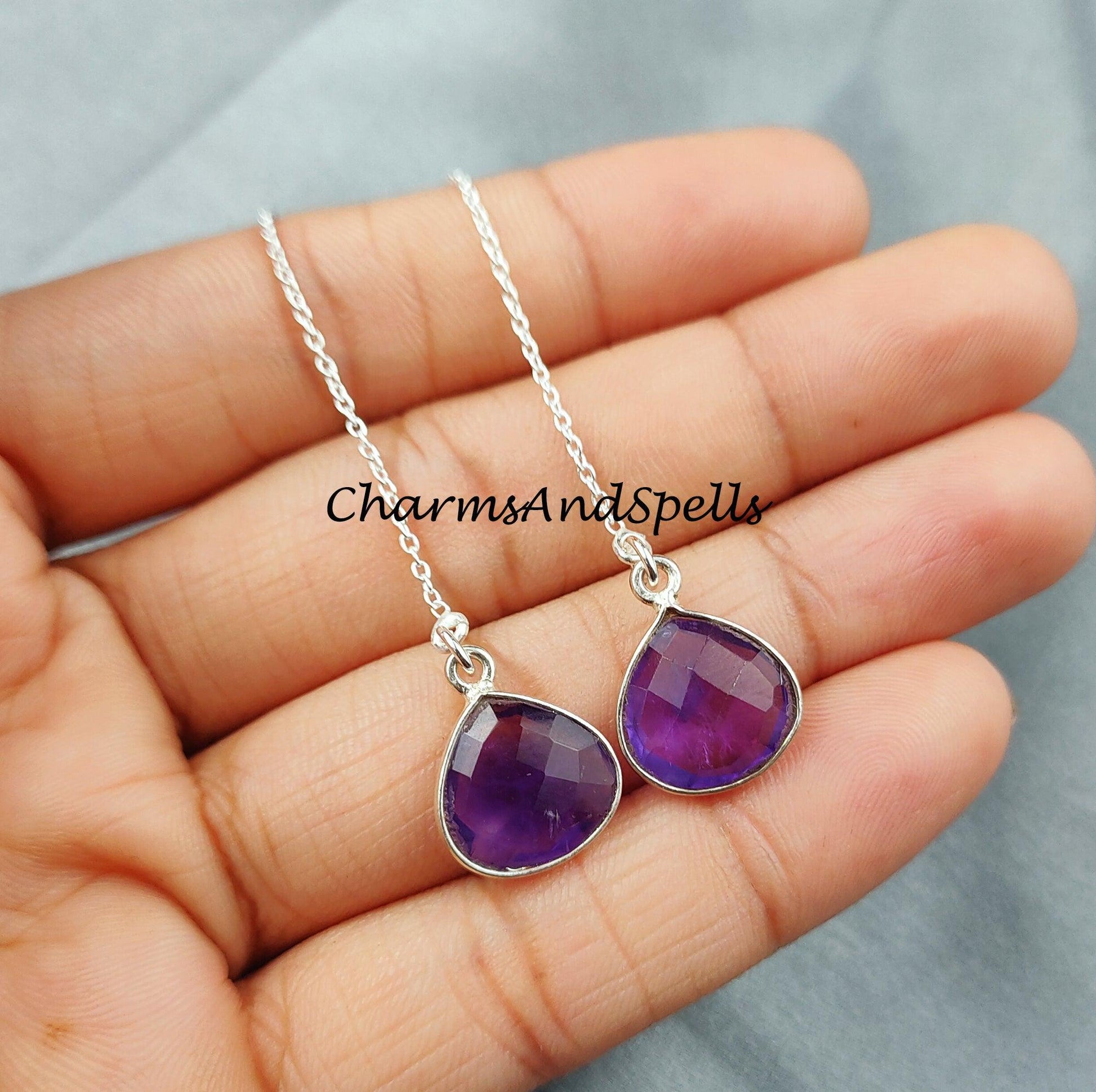 Purple Amethyst Threader Earrings, February Birthstone Earrings, Gemstone Earrings, Long Silver Plated Earrings - Charms And Spells