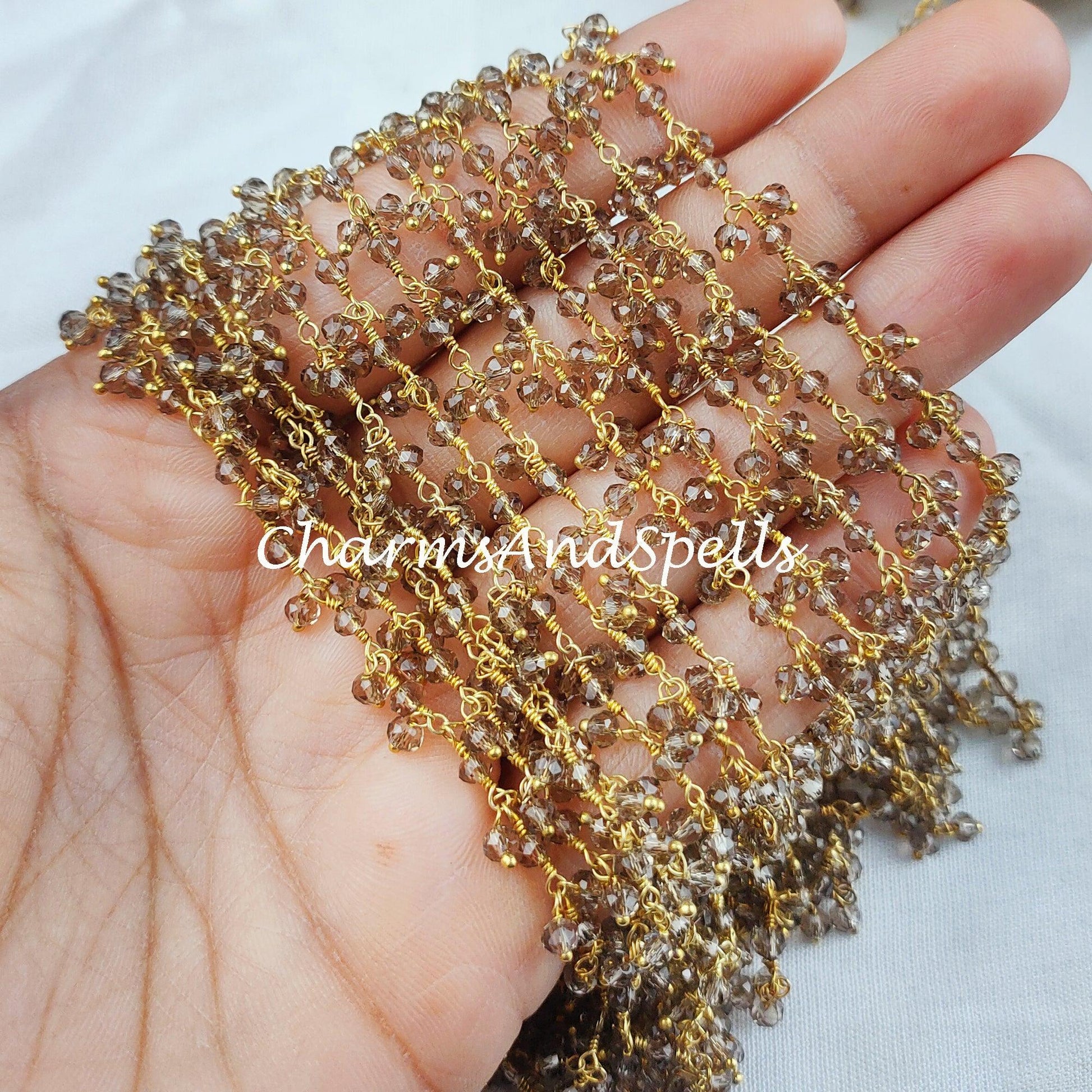 1 Feet Chain, Smoky Quartz Beaded Thick Chain, 14K Gold Plated Wire Wrapped Chain, Anklets Beads Chain, 1,2,5,10,25,50 Feet Roll - Charms And Spells