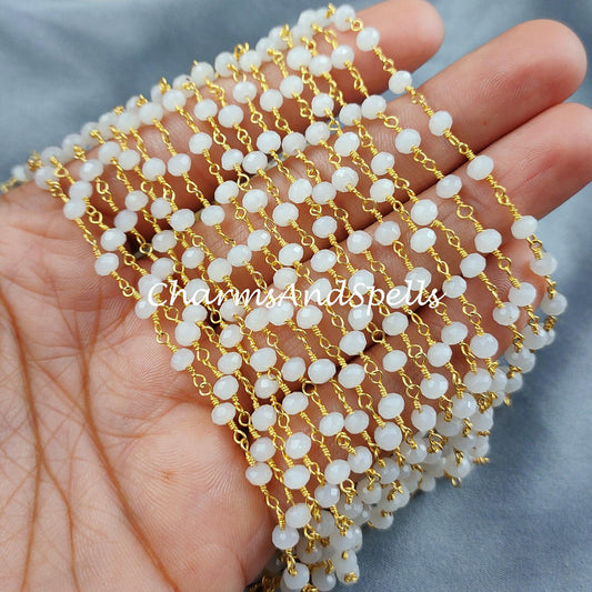 1 Feet Chain, White Agate Rosary Chain, Body Chain, Jewelry Making Chain, Women Chain, Necklace Chain, Gold Plated Rosary Chain - Charms And Spells