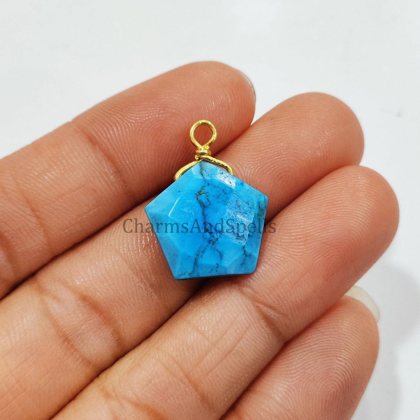 Turquoise Howlite Wire Wrap Pendant, Pentagon Shape Handmade Pendant, Boho Gold Plated Pendant, Statement Pendant - Charms And Spells